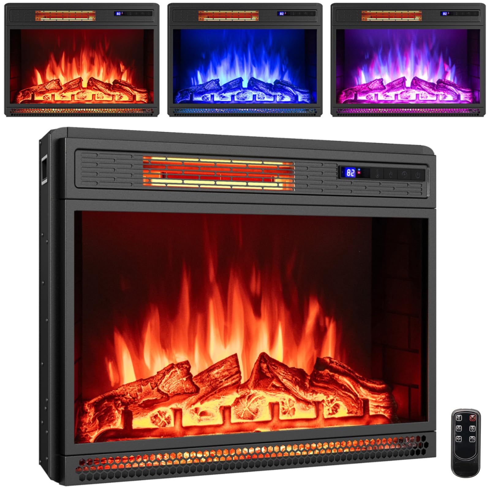 GiantexUK Recessed Electric Fireplace, Insert Electric Fire Heater with Flame Colors, Brightness, Thermostat, Timer, Remote & Overheat Protection (900W/1800W, 25”/64cm)