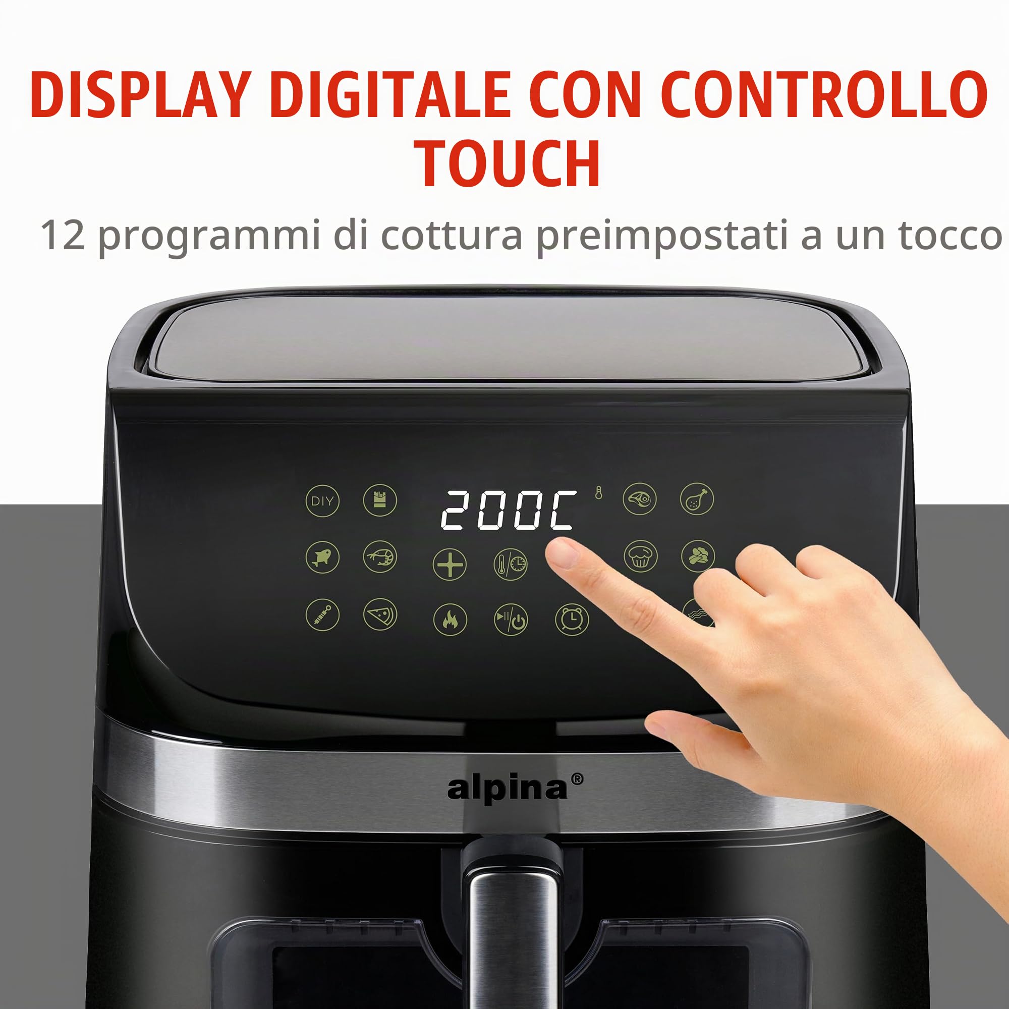 alpina Friggitrice Aria 9L - Friggitrice ad Aria XXL - Air Fryer con Display Digitale - Airfryer con Timer e Temperatura da 60 a 200℃ - con 8 Programmi di Cottura e Finestra di Visualizzazione - Nero