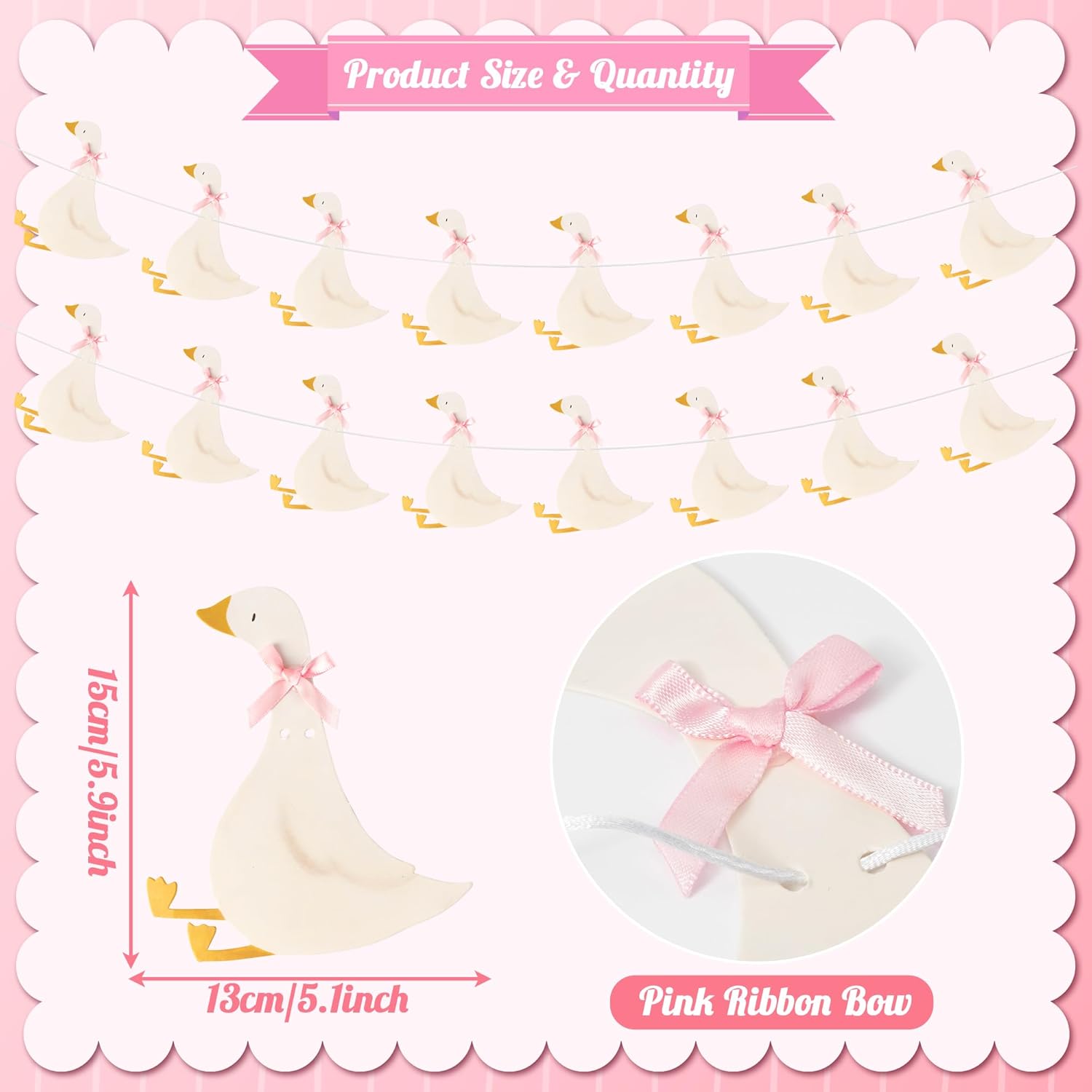 Haooryx Cute Goose Pink Banner Garland - 2Pcs Cartoon Baby Goose with Pink Bow Tie Hanging Banner Aesthetic Garland for Girl Birthday Baby Shower Gender Reveal Party Decoration Wall Photo Props Supply