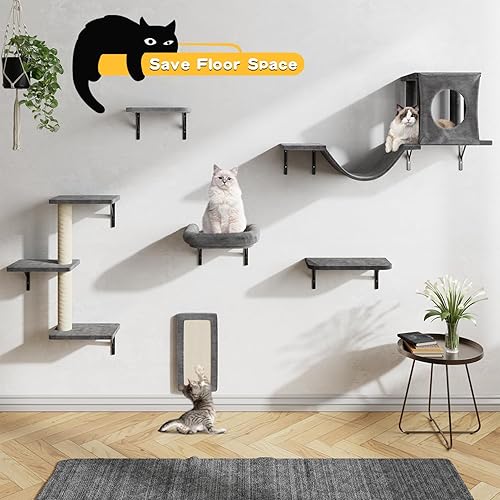 Miniatura 4 de NUNU LAB Estantes de pared para gatos, juego de 6 piezas de lujo para escalar gatos, muebles de interior para gatos con 1 casa de condominios, 2