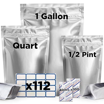 100pcs Mylar Bags for Food Storage - 10.6 Mil Thick 3 Sizes (25x1 Gallon, 35x1 Quart, 40x1/2 Pint), Resealable Bags with 100 Oxygen Absorbers & 112 Labels, Smell Proof & Heat Sealable Dispensary Bags