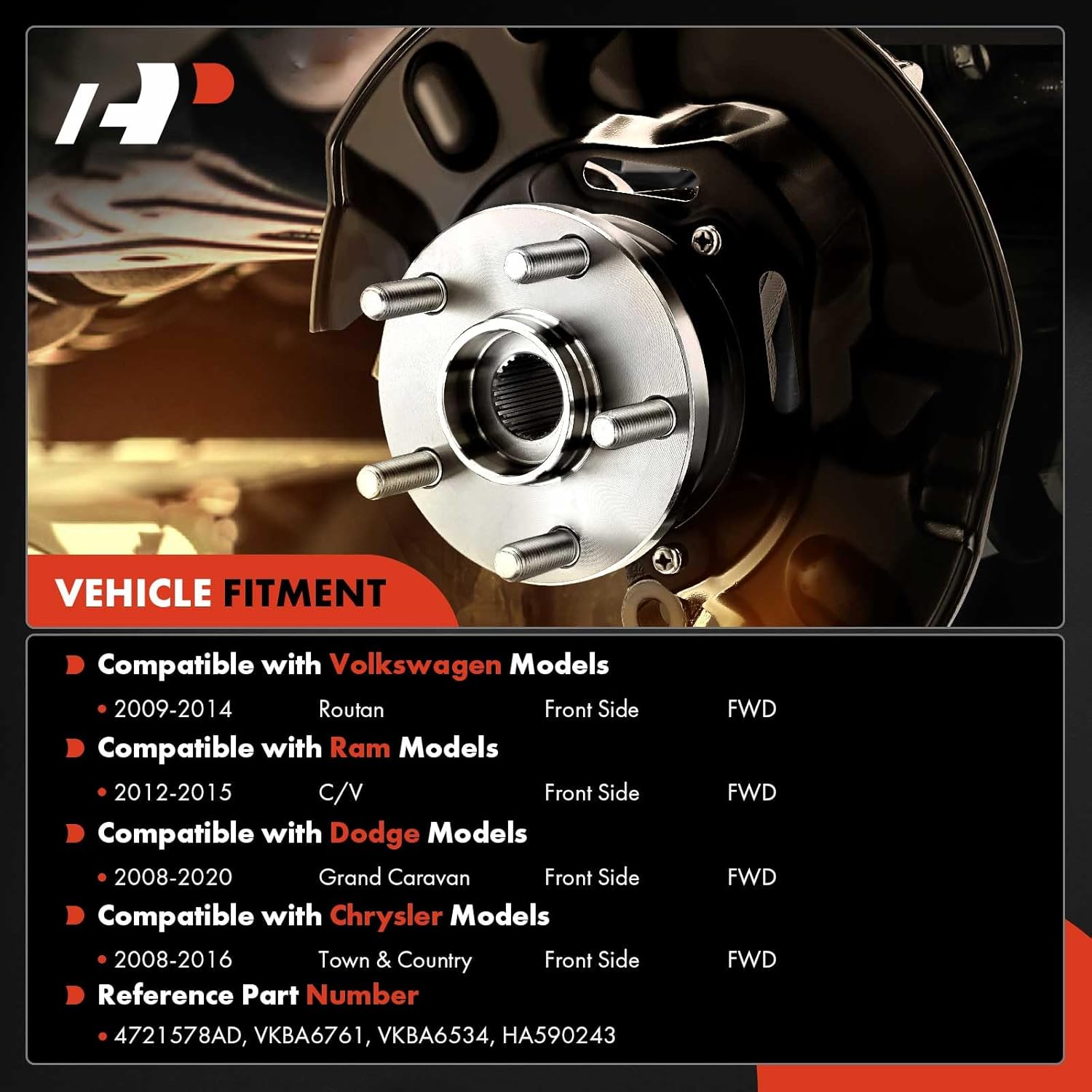 A-Premium 2 x Front Wheel Bearing and Hub Assembly with ABS & 5-Lug Compatible with Dodge Grand Caravan 2008-2020 & Chrysler Town & Country 2008-2016 & Volkswagen Routan 2009-2014 & Ram C/V 2012-2015 - Image 2