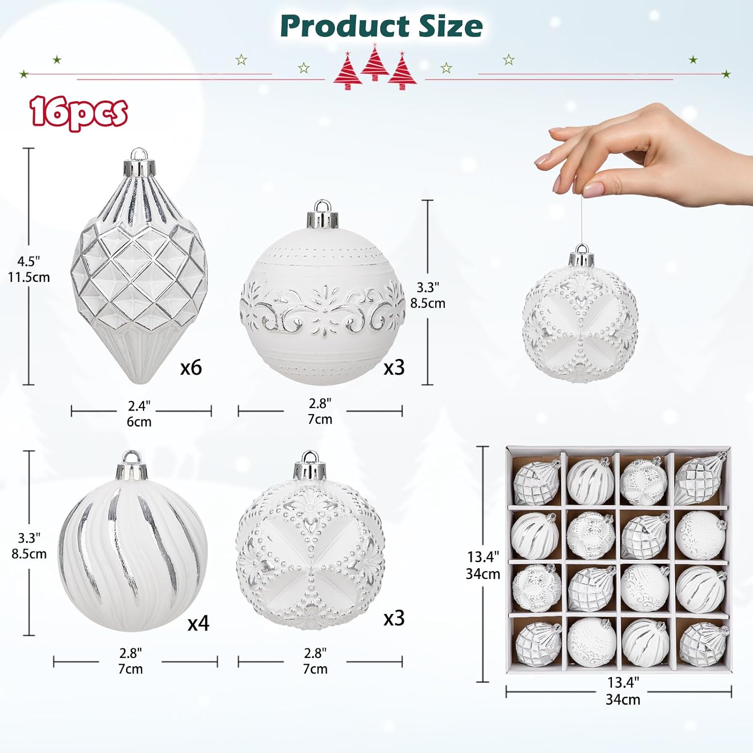 16PCS Shatterproof Christmas Ball Ornaments Set, Hand-Painted Holiday Decor with Assorted Sizes & Designs for Christmas Tree Thanksgiving Party Decoration, Silver-White