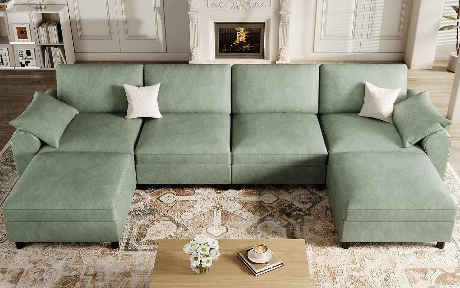 EASE MOOSE Oversized Modular Sectional Sofa, Waterproof & Scratch-Resistant Faux Leather Sofa with Deep Seat, Comfy U-Shaped Sofa with Storage Ottoman, Sectional Couches for Living Room, Green