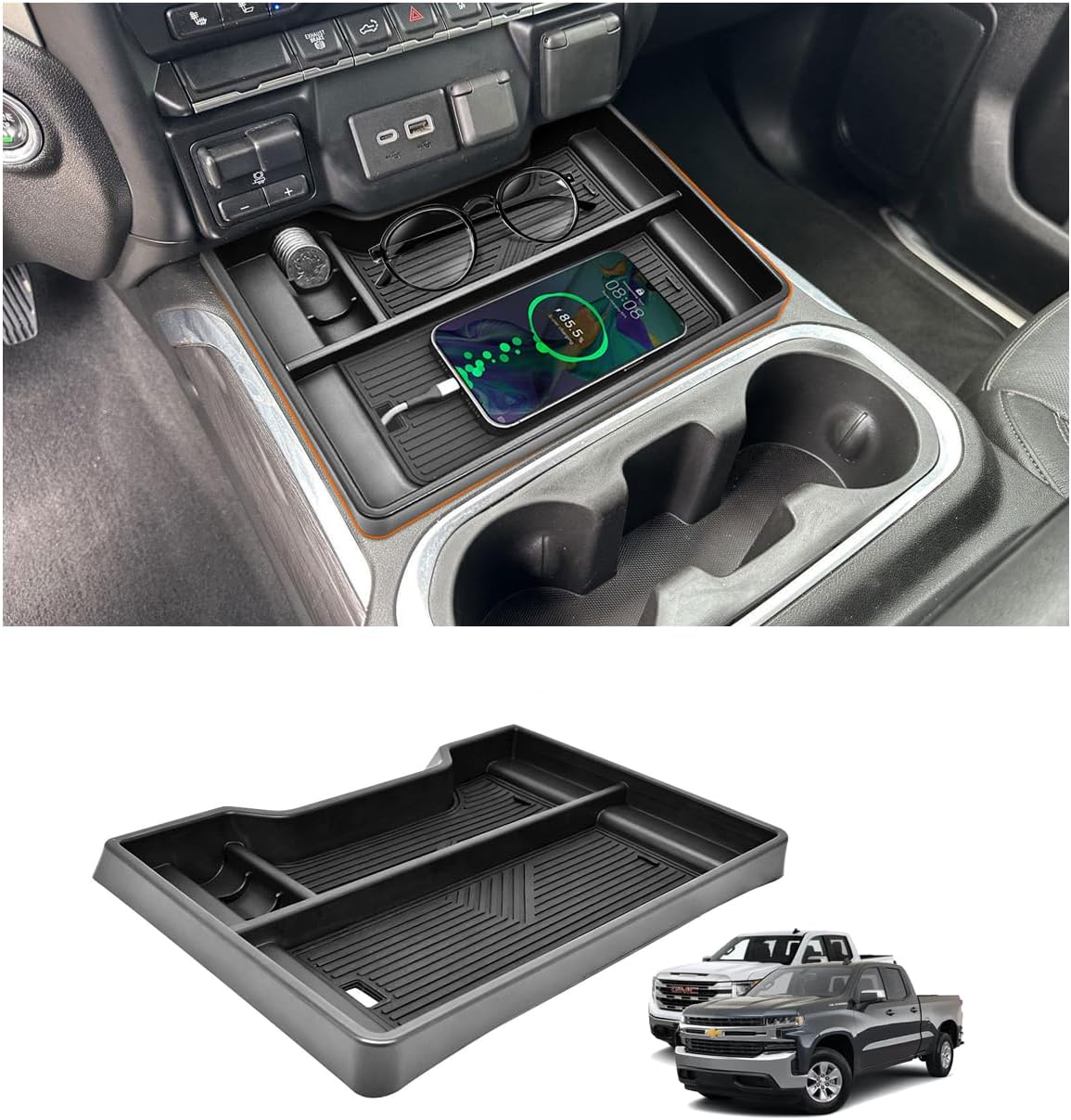 Center Console Organizer with Charger Hole for 2019-2022 Chevy Silverado/GMC Sierra 1500 and 2020-2023 Silverado/GMC Sierra 2500HD 3500HD (Full Console w/Bucket Seats Only)|Keep Clean||No Clutter Up| Fit for 2019-2022 Chevy Silverado