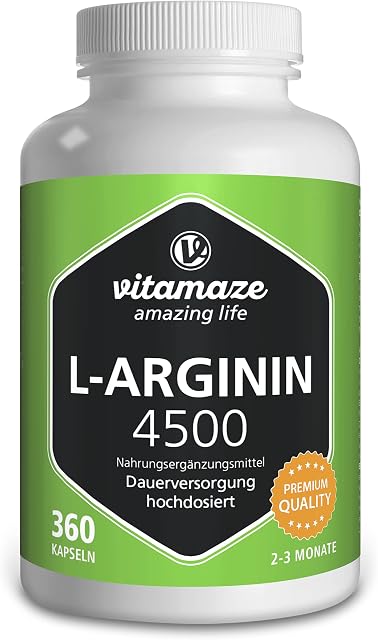 Vitamaze® L-Arginine High Strength 4500 mg, 360 Capsules of Pure L Arginine HCL- Muscle & Energy - Natural Supplement Without Additives, German Quality