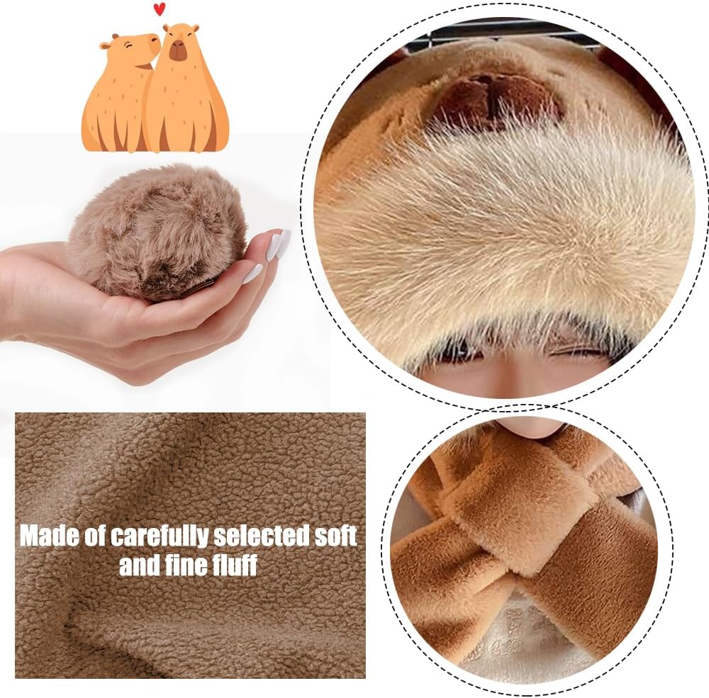 Hooded Scarf Hat for Women Winter,Cute Plush Capybara Thick Warm Hat,Bear Ears Plush Faux Fur 2-in-1 Set - Image 3