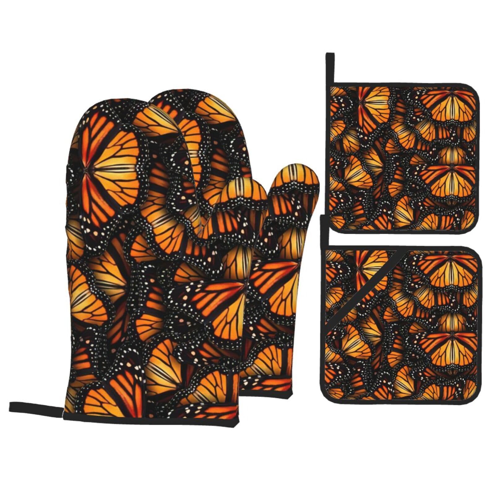 Heaps of Orange Monarch Butterflies Print 4-Piece Heat-Resistant Oven Waterproof Kitchen Gloves Cooking Roasting Essential