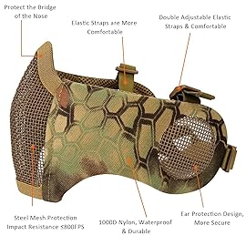 AOUTACC Airsoft Protective Gear Set, Half Face Mesh Mask with Ear Protection and Tactical Goggles for Kid Adult Men Women BBS Paintball Shooting CS Survival Games Cosplay (MA)