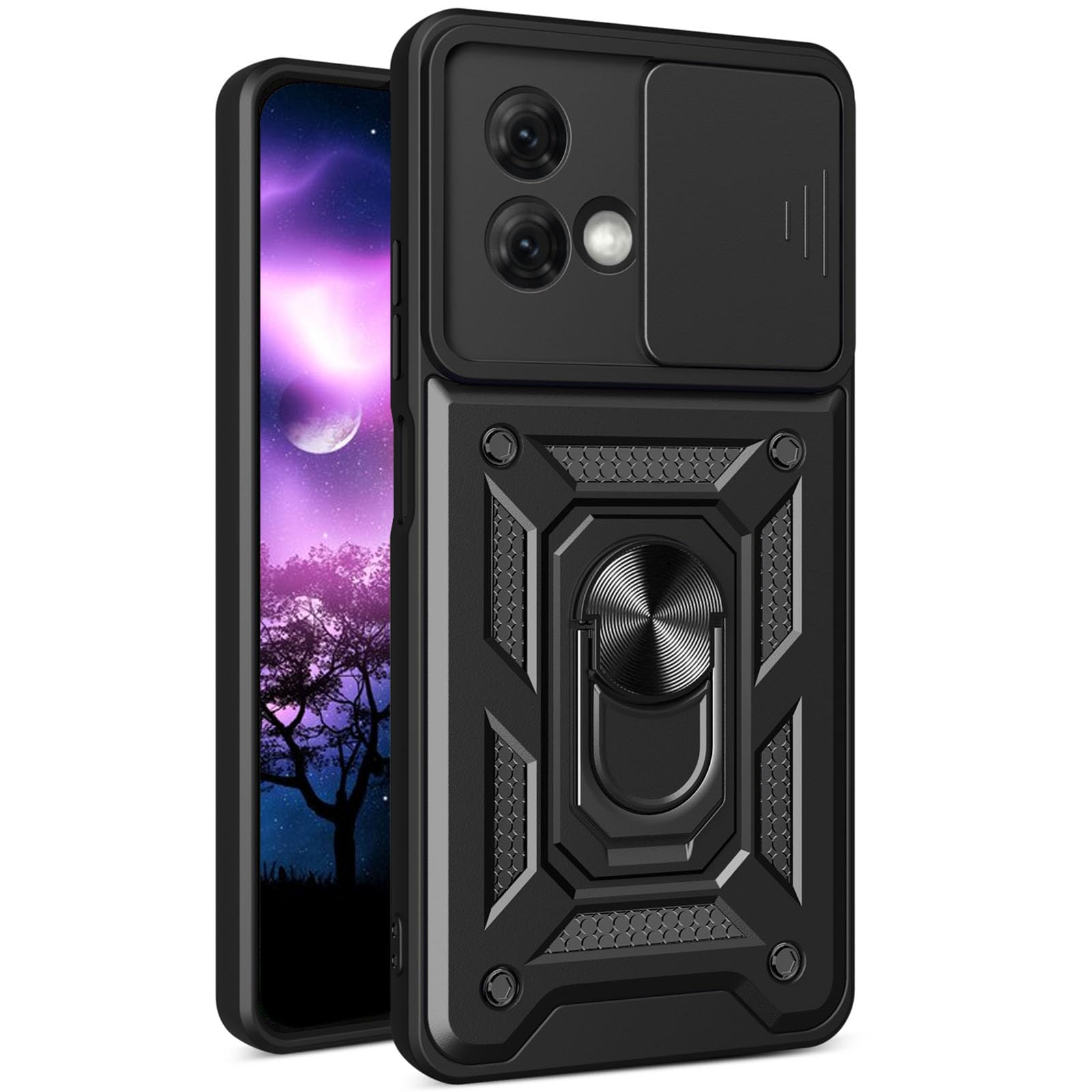 CCSmallfor Motorola G84 5G Case with Slide Camera Cover for Men, Heavy Duty Shockproof Bumper Phone Cover Case with Rotate Ring Kickstand for Motorola Moto G84 5G SJ Black