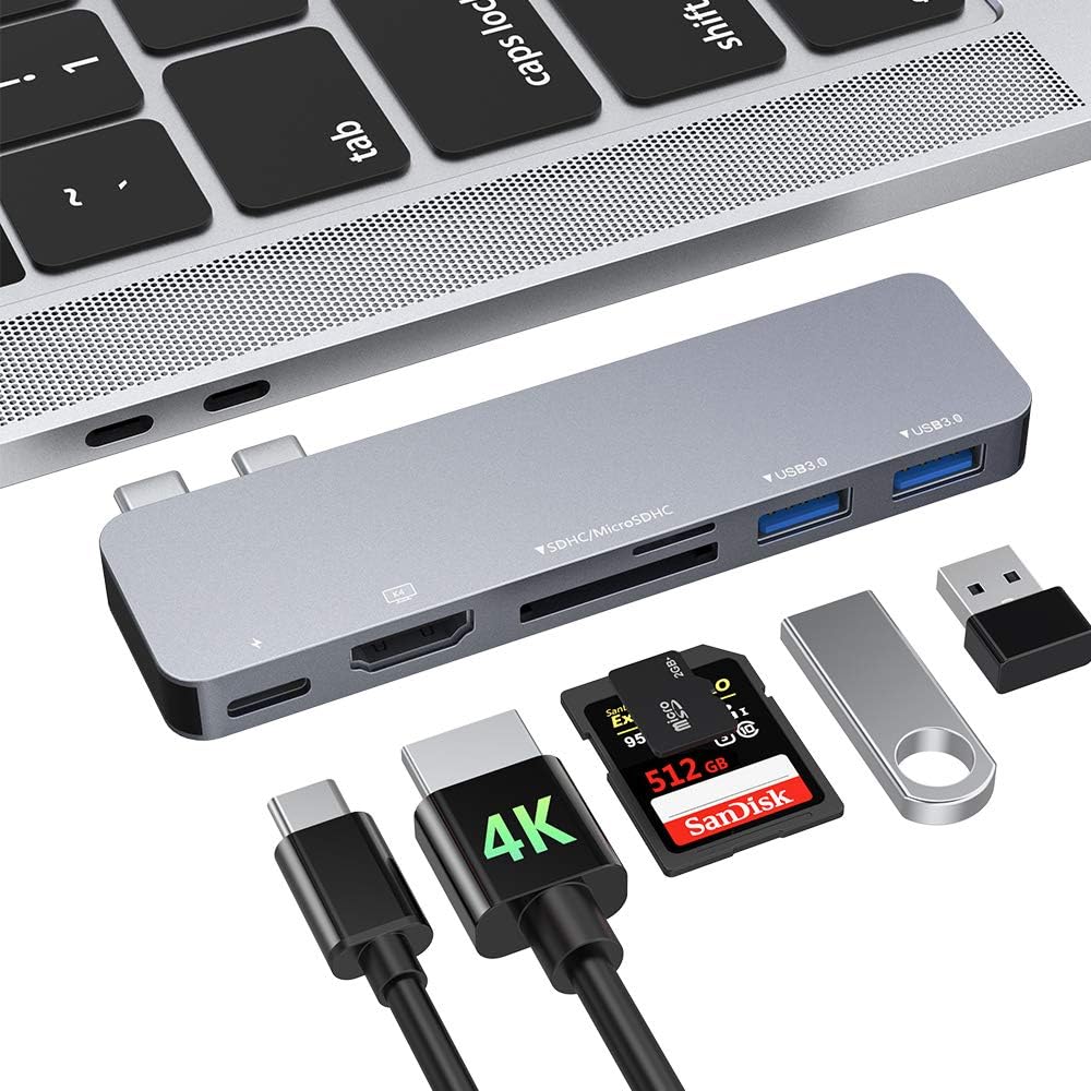 FLYLAND USB C Hub 6 in 1, USB Typ C Adapter mit 4K HDMI Ausgang, 2 USB 3.0, MicroSD/SD Kartenleser, Thunderbolt 3 100W PD Compatible with MacBook Pro/MacBook Air 2020 2019 2018 13" 15" 16" (gray1)