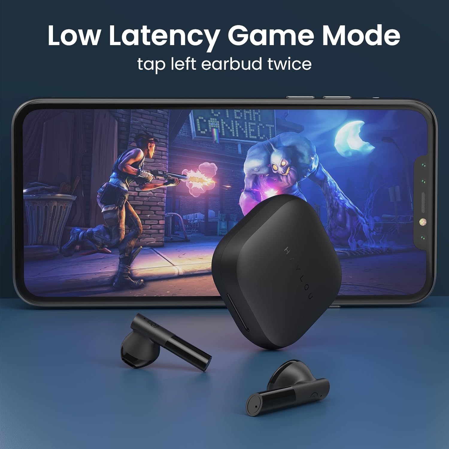 HAYLOU GT6 earbuds and charging case next to a smartphone displaying a game, illustrating the low latency game mode.