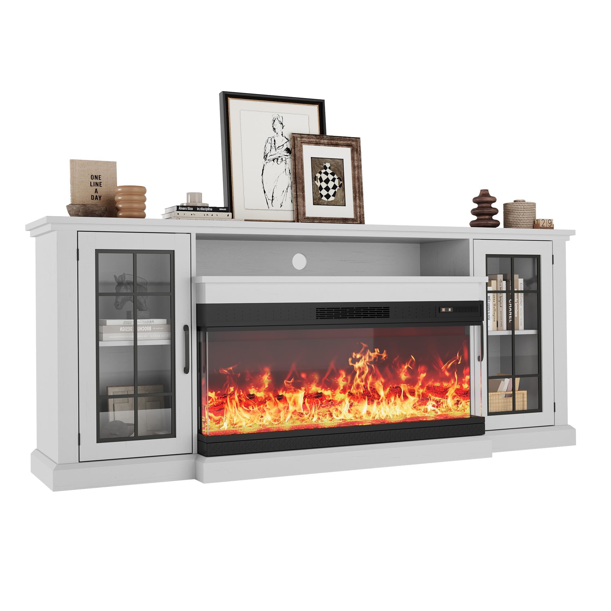 Photo 1 of ***PARTIAL SET***Fireplace TV Stand with 3-Sided Glass, Adjustable LED Flame, Glass Doors & Storage Shelves, Modern Farmhouse Entertainment Center for TVs Up to 85", Electric Fireplace Console Table for Living Room