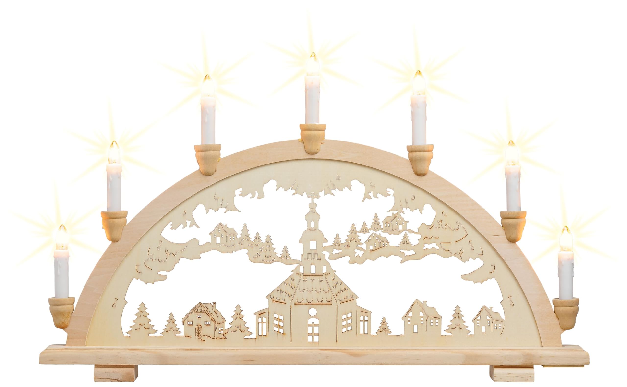 SIKORA LB13-7 klassicher Holz Schwibbogen beleuchteter Lichterbogen Motiv Seiffener Kirche Deko Weihnachten Breite ca. 57 cm