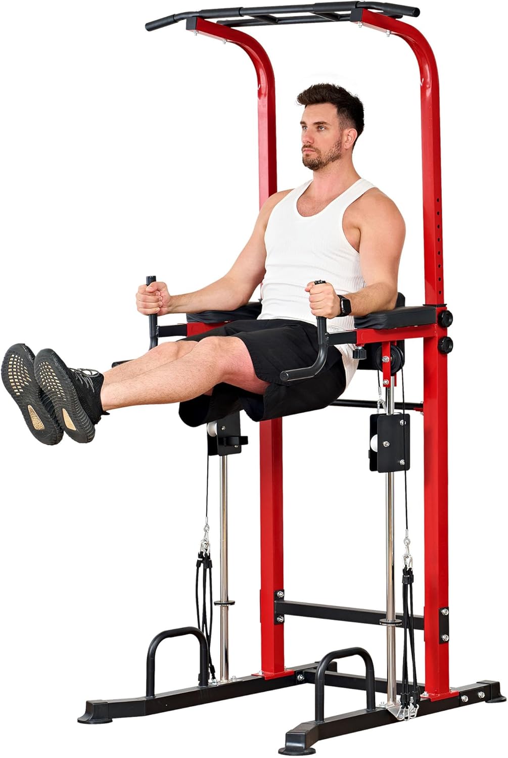 soges Power Tower Dip Station with Assisted Pad, Height Adjustable Pull Up Bar
