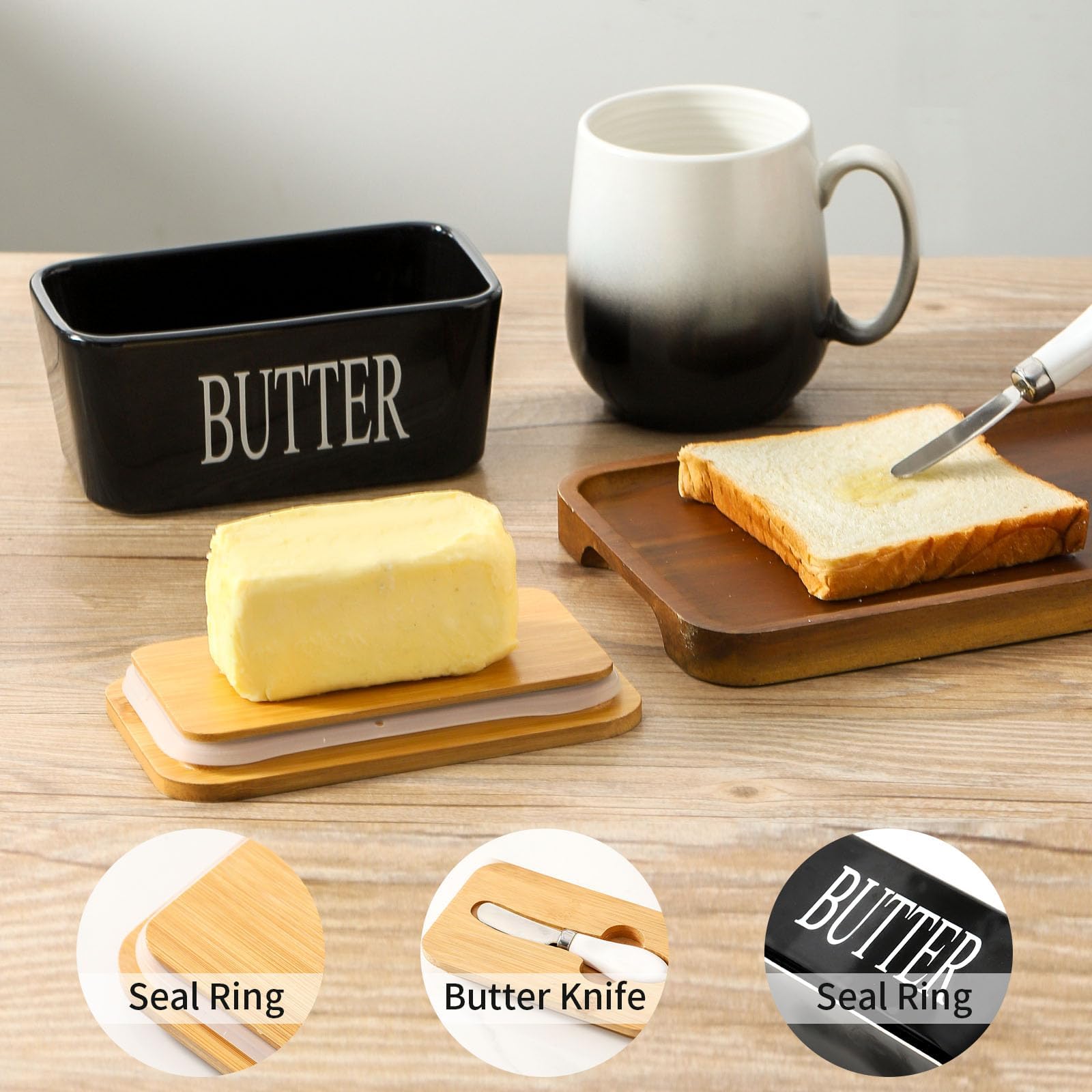 Hasense Ceramic Butter Dish with Lid and Knife, Black 3
