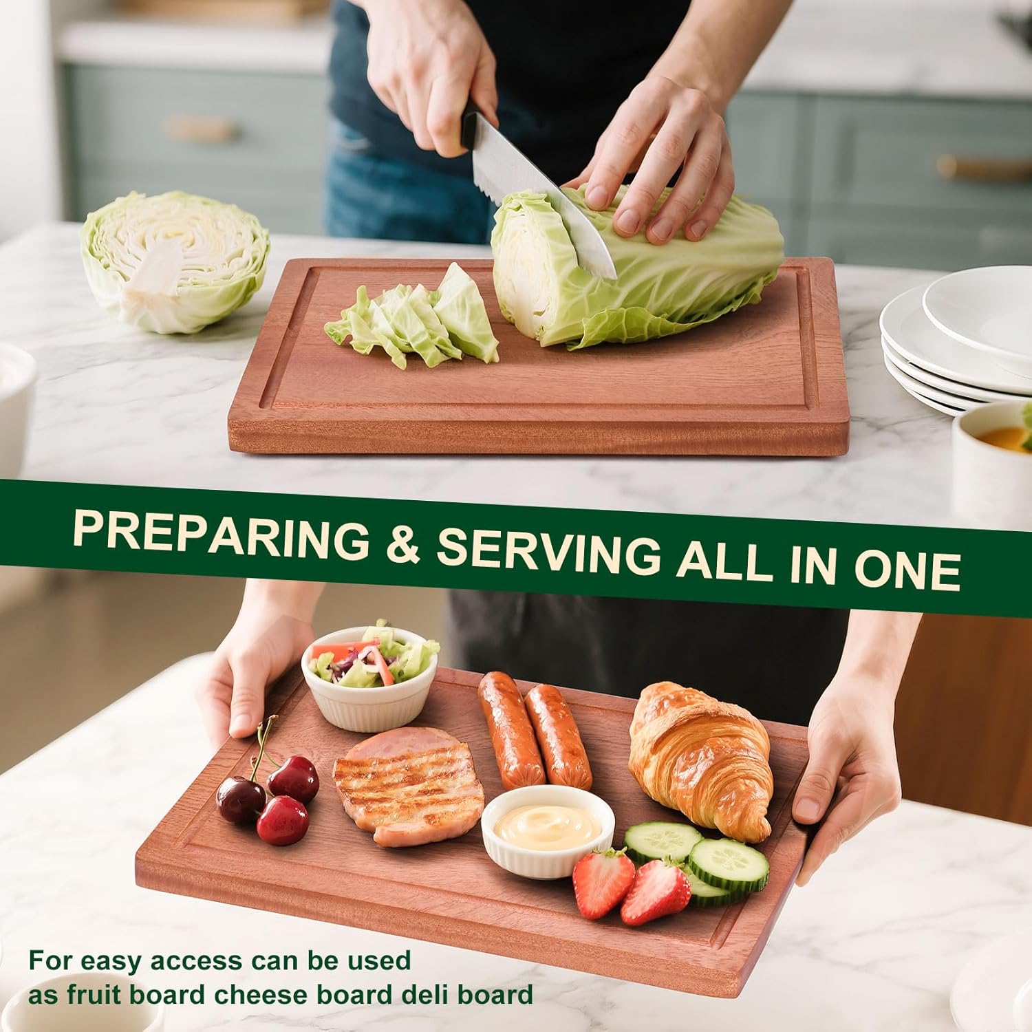 Wooden Cutting Board Set of 4 with Holder Non Toxic Solid Sapele Wood Chopping Boards for Kitchen with Juice Grooves Thick Large Cutting Board (9x7 to 16x12 In) for Meat Vegetables Cheese （Brown）