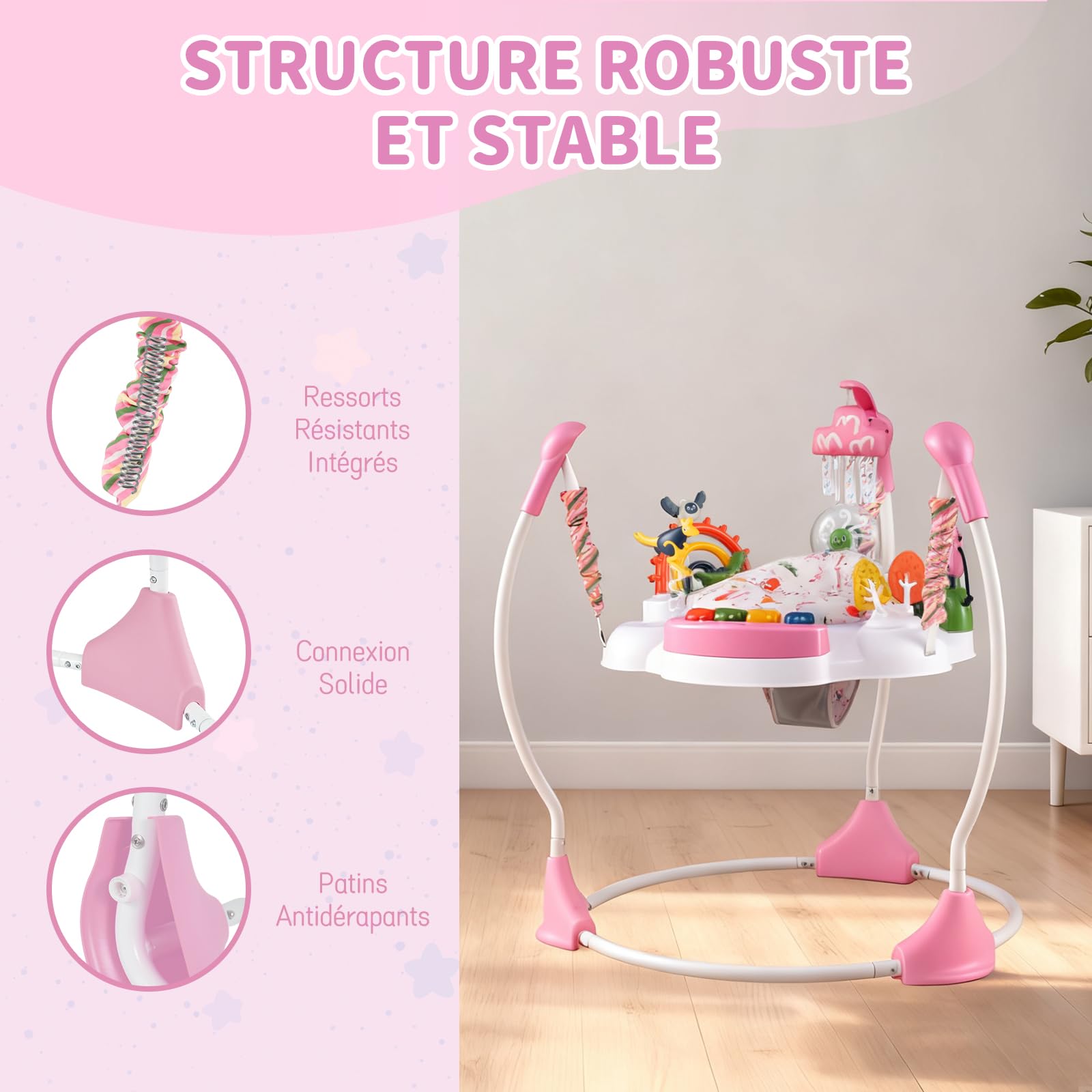COSTWAY Aire d'éveil à Rebonds Bébé avec 6 Jouets Interactifs et Plateau Musical, Jumperoo Jungle Trotteur Bébé avec Musique et Lumière, 3 Hauteurs Réglables, Siège Rotatif 360° pour 6 Mois+ (Rose)