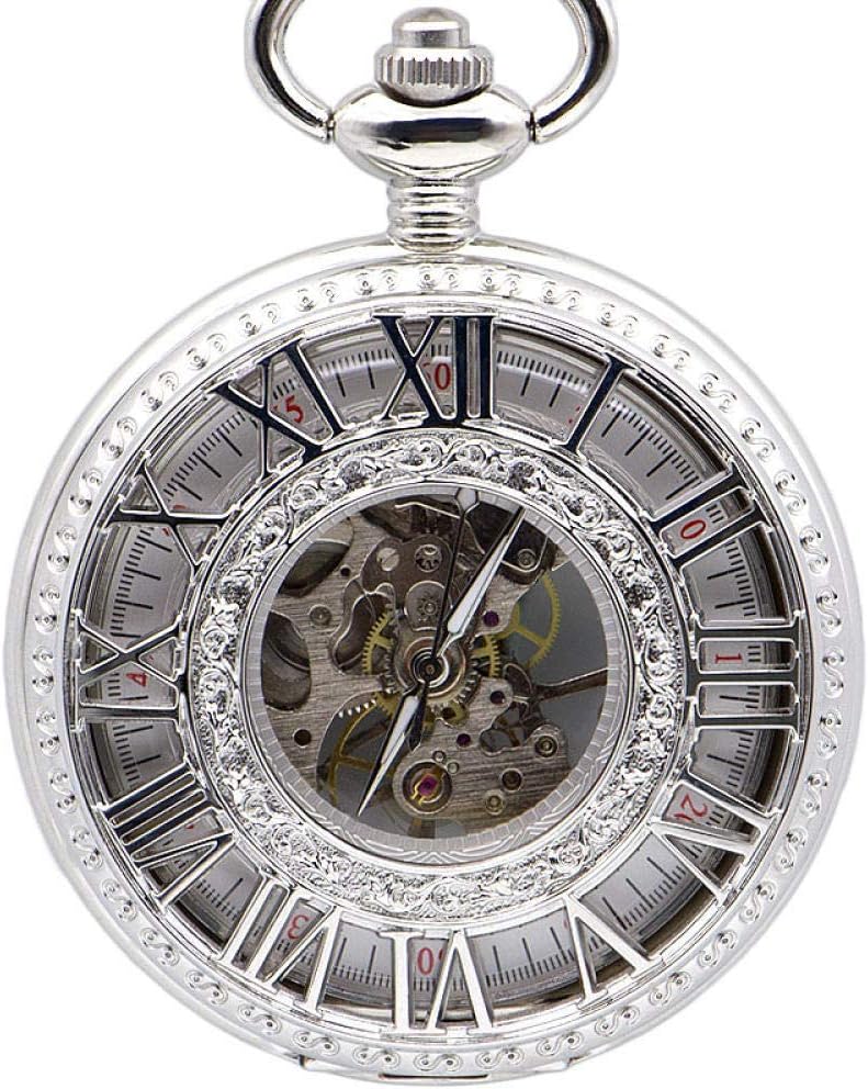 OIFMKC Pocket Watch Luxury Hand Winding Mechanical Pocket Watch Chain Fashion Silver Skeleton Carving Men Fob Watches