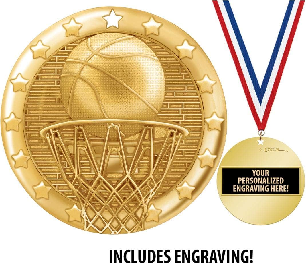 Crown Awards Basketball Medal, 2" Shiny Gold 1st Place Medals for Kids with Free Custom Engraving