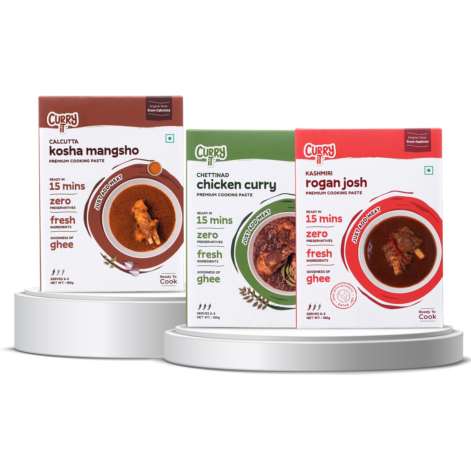 CURRYiT Taste of India Mini Combo | Chettinad Chicken, Kashmiri Rogan Josh & Calcutta Kosha Mangsho | Ready in 30 Mins | Made with Ghee | Ready To Cook Indian Masala Gravy (Pack of 3-120g Each) (B0BJZTXXCH) Amazon Price History, Amazon Price Tracker