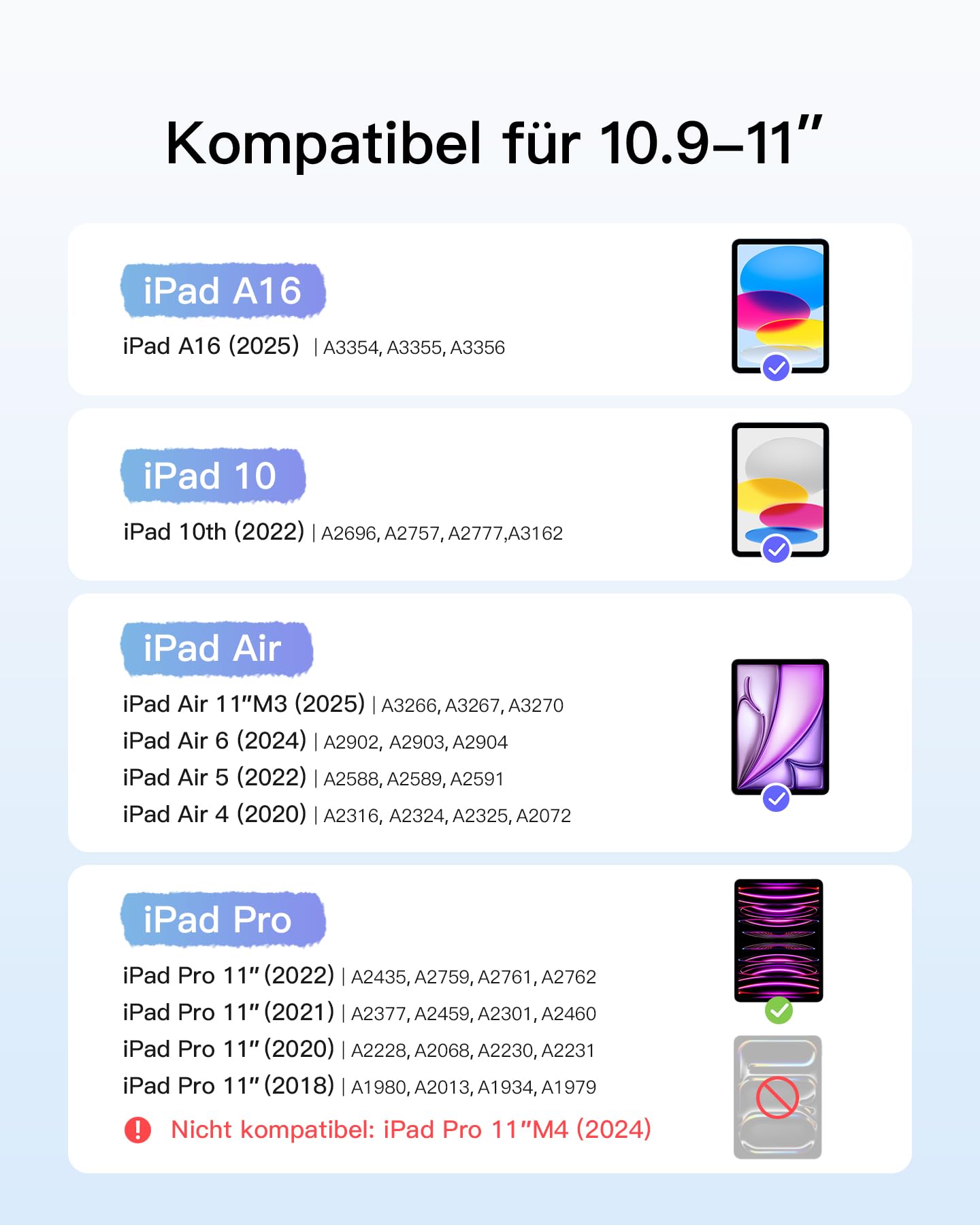 Inateck Etui z klawiaturą, ultralekka klawiatura do iPada 10 generacji, iPad Air 6 11" 2024, iPad Air 5/4 10,9", iPad Pro 11 4/3/2/1 generacji, zdejmowane, z touchpadem, QWERTZ, KB04122