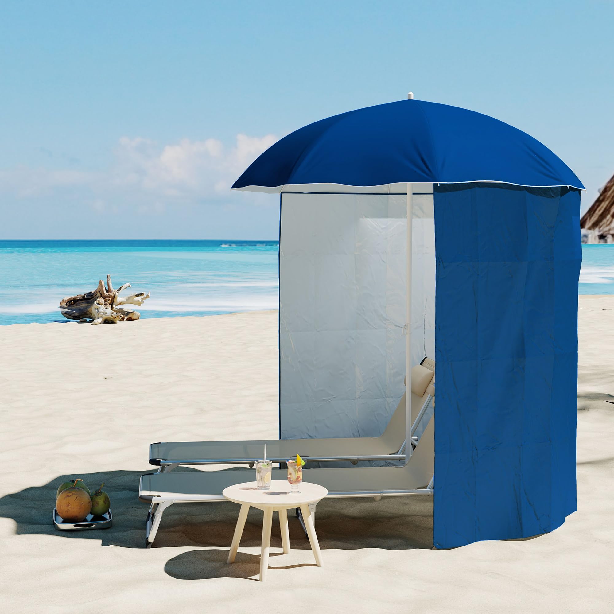 Outsunny Sombrilla de Playa con Panel Lateral Ø220x220 cm Parasol para Terraza con Apertura Manual 8 Varillas de Acero y Bolsa de Transporte para Jardín Piscina