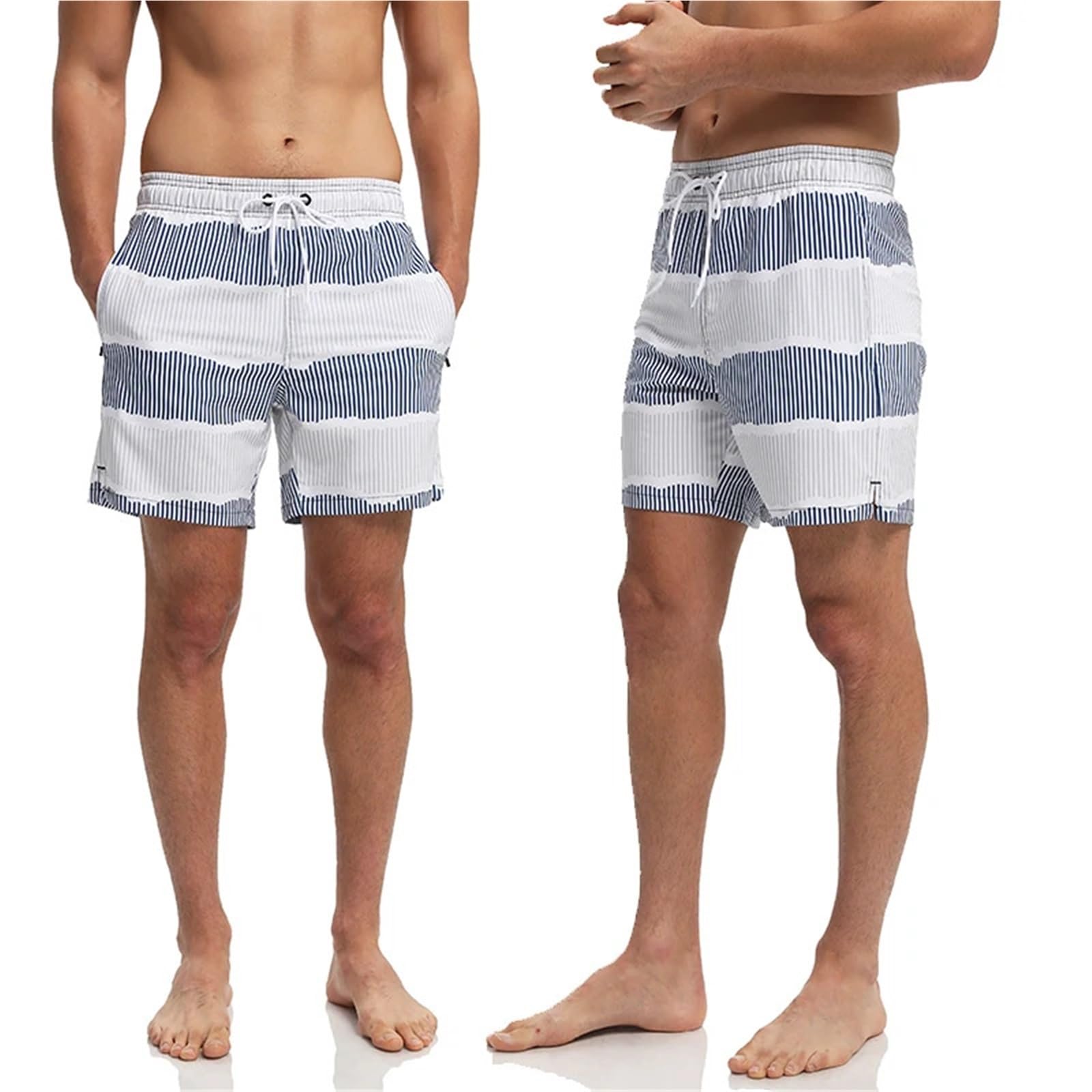 Pantaloncini da Bagno Estivi in ​​Poliestere da Uomo, da Palestra, ad Asciugatura Rapida, con Elastico in Vita, Pantaloni da Spiaggia(Blue with White,L)