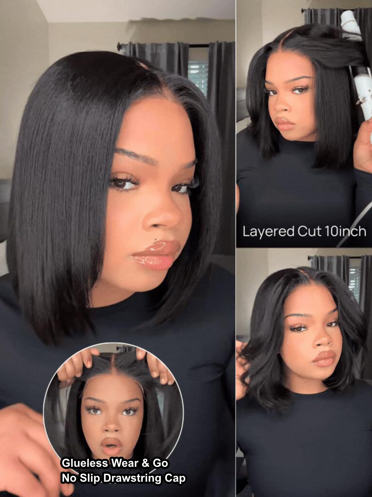 Yaki Straight Bob Drawstring Wig Human Hair with Face Framing Layers 180% No Slip Yaki Straight Bob Wig Human Hair 7x5 Lace Front  main image 4