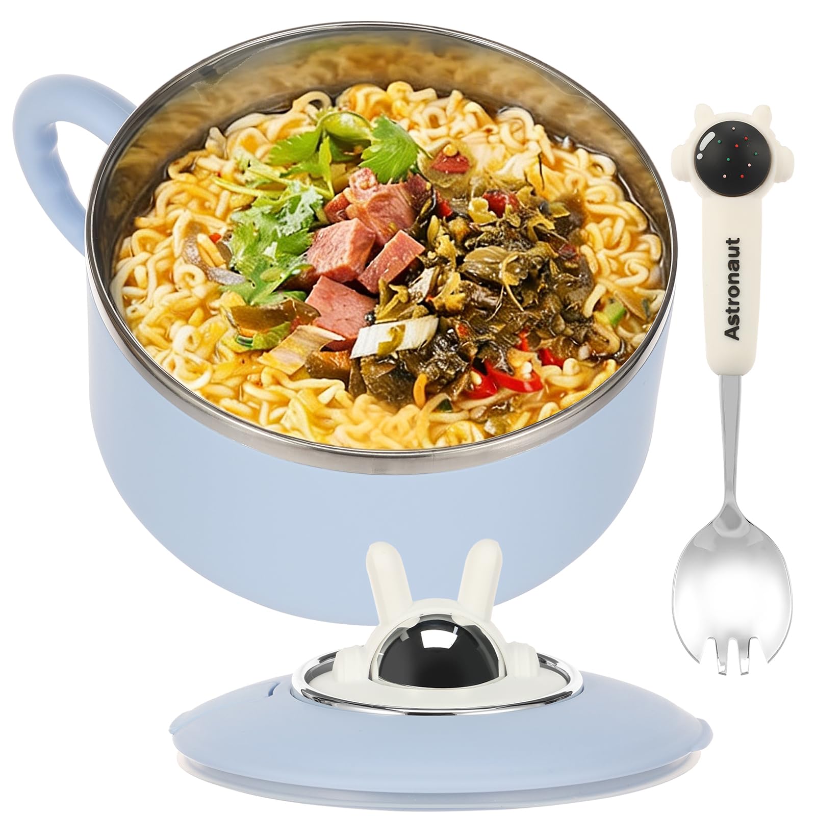 Alongen 1200ml Rapid Ramen Bowl with Filterable Lid,Stainless Steel Instant Noodle Pot with Lid and Spoon, Instant Serving Bowl Portable Salad Pasta Bow Easy Clean for Home Office University(Blue)