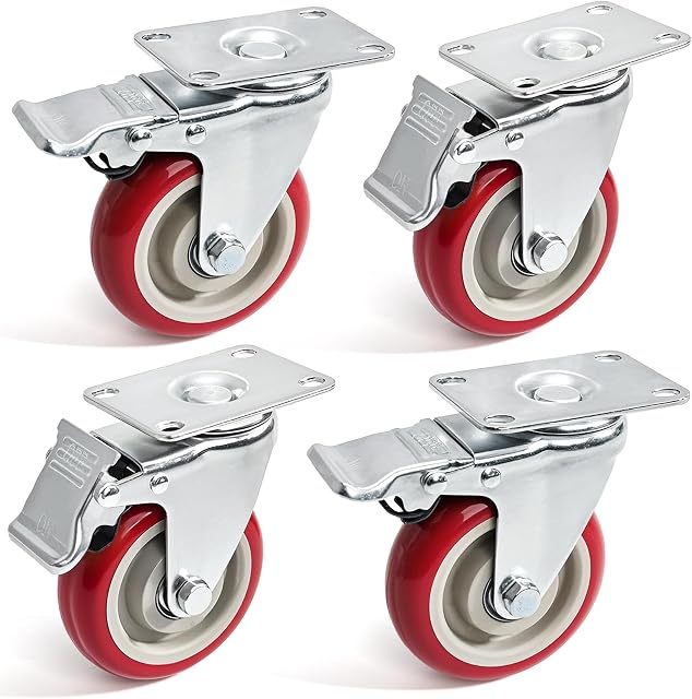 Tosnail 4-Inch Roues de roulette pivotante robuste Ensemble de 4, Roulettes industrielles de verrouillage de plaque avec frein pour meubles, chariot, table et atelier