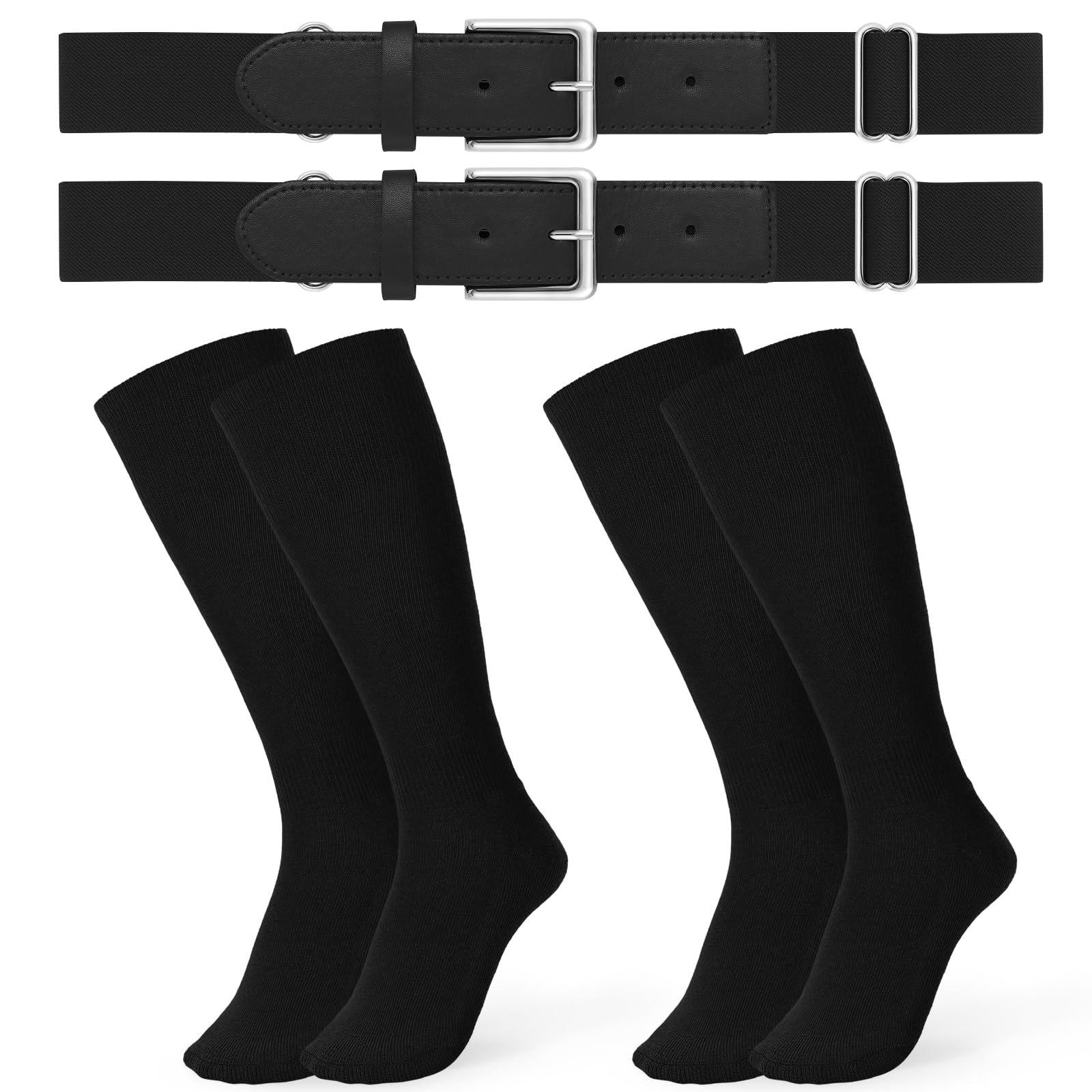 JASGOOD 2 Pack Baseball Socks and Belt Combo Set Softball Socks and Belts Elastic Waist Belt for Youth and Adult Boys