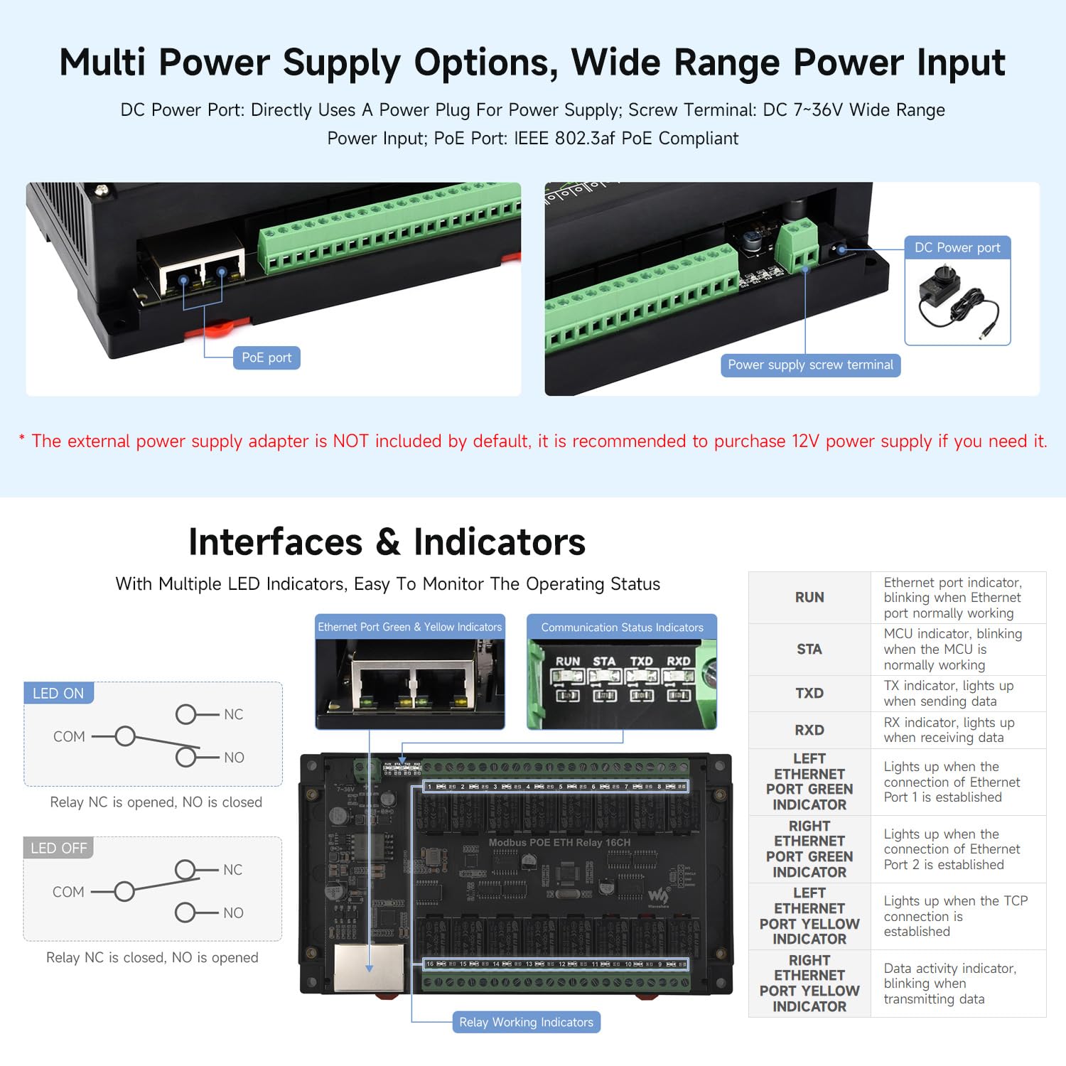 Waveshare 16-Ch Ethernet Relay Module, Modbus RTU/Modbus TCP Protocol, Ethernet Communication, Support PoE, Various Isolation & Protection Circuits, Industrial Grade Rail-Mount Case