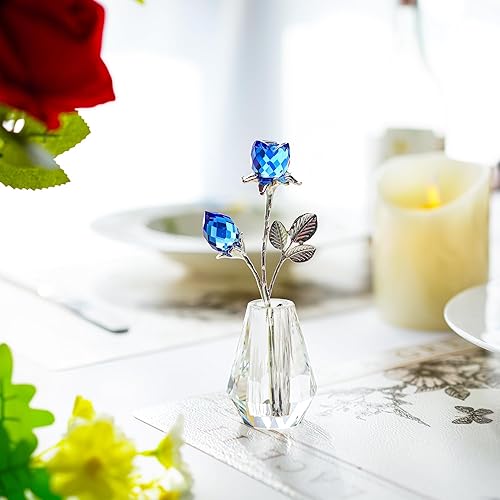 Miniatura 9 de H&D HYALINE & DORA Estatuilla de cristal de cristal con tallo de metal plateado y rosas de cristales azules, regalo de boda para mujer, decoración
