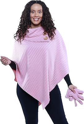 Le Moda Womenâ€™s Shawl Collar Pleated Fleece Poncho with Matching Gloves | Cold Weather Collection | One Size Fits All (ONE SIZE, BLUSH)