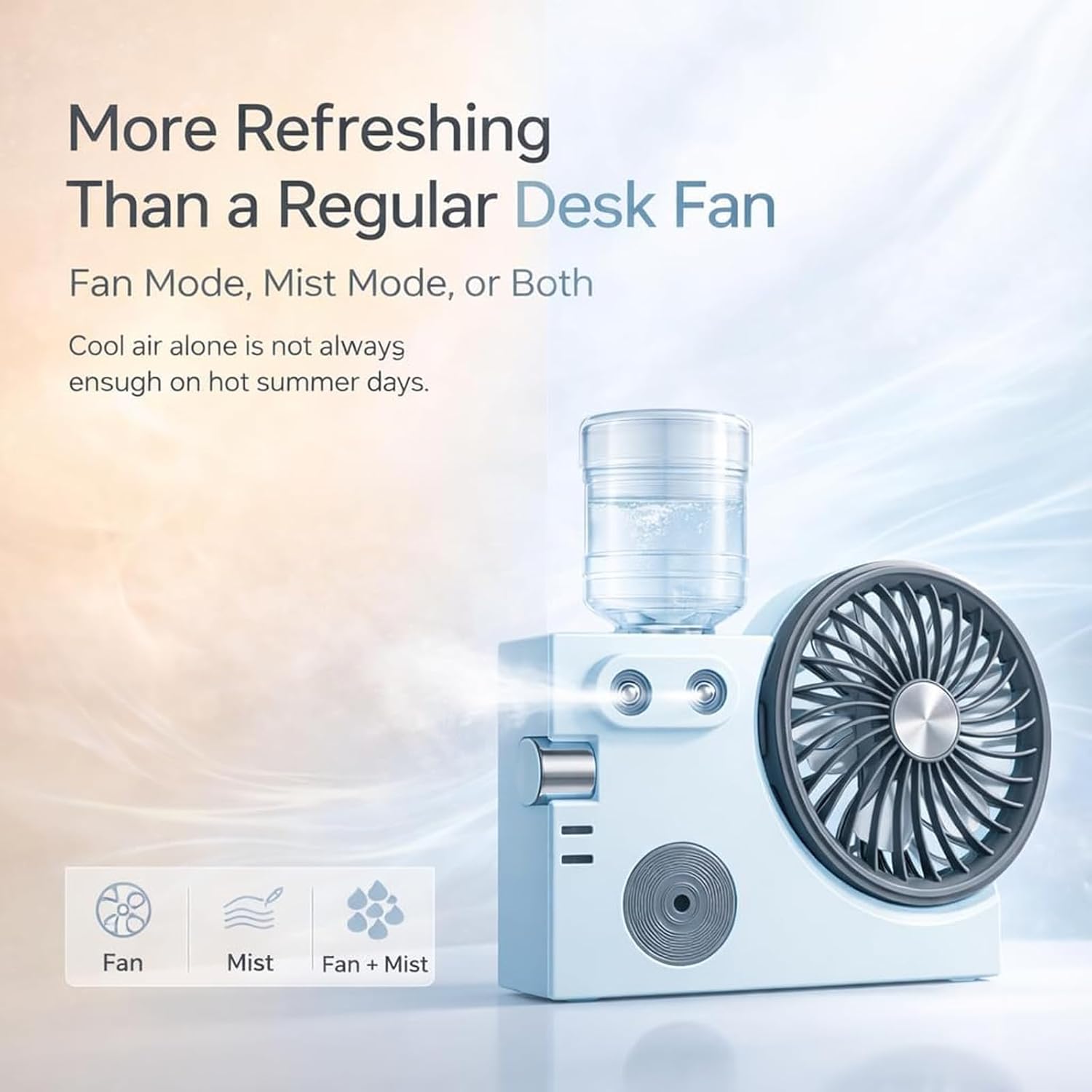 Portable USB Rechargeable Misting Table Fan, Mini Desktop Cooling Air Circulator with Mist Spray, 3-Speed Quite Mist Water Spray Ac, Air Circulator for Home Office Dorm Bedroom Outdoor Travel (WHITE)