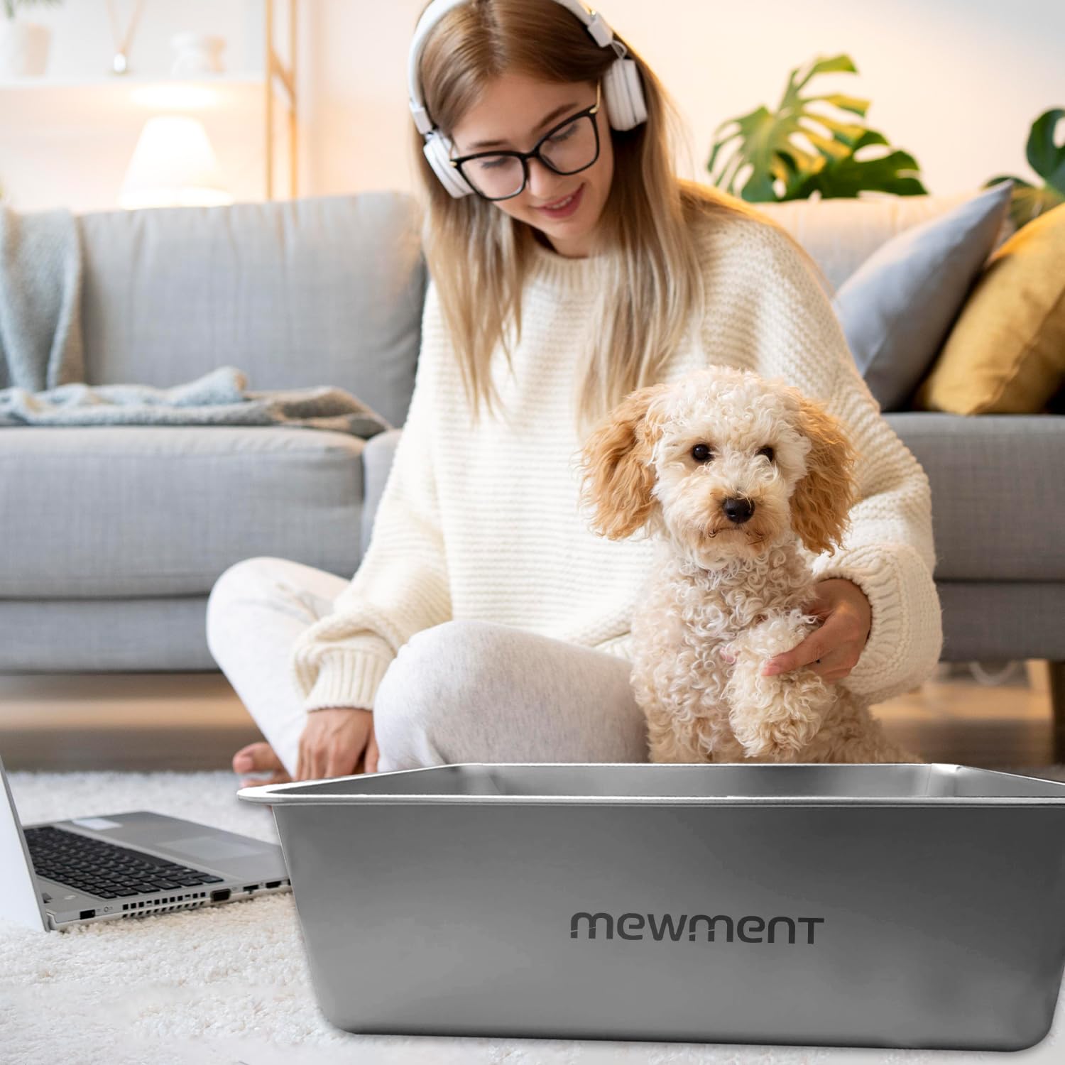 MEWMENT Stainless Steel Cat Litter Box with High Sides - Metal Litter Box for Cat Kitten Rabbit and Dog - Anti- Slip & Non Stick Stainless Steel Pan, Easy to Clean - 19.5