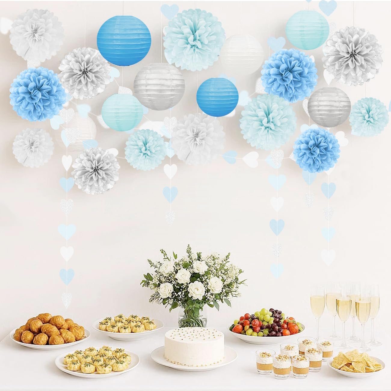 Light-Blue White Silver Party Decorations - 22pcs Tissue Paper Flowers Pom Poms Lanterns Christmas Birthday Bridal Baby Shower Wedding Bachelorette Engagement Graduation Hanging Decor Hongtongtong