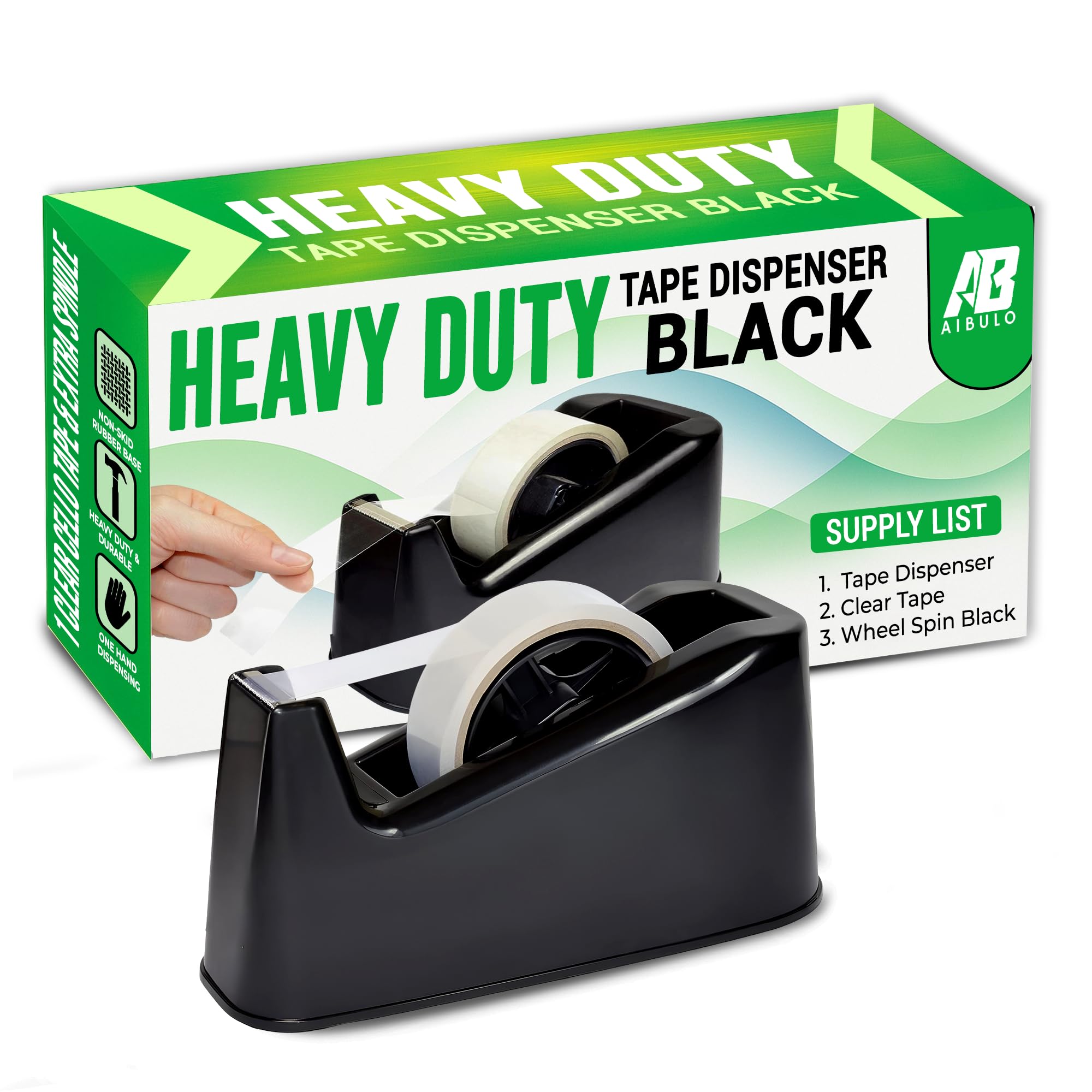 Aibulo Heavy Duty Tape Dispenser Black with 1 Clear Cello Tape & Extra Spindle – Weighted Non-Slip Base, Sharp Cutting Blade, One-Hand Use for Home, Office & School — image 1