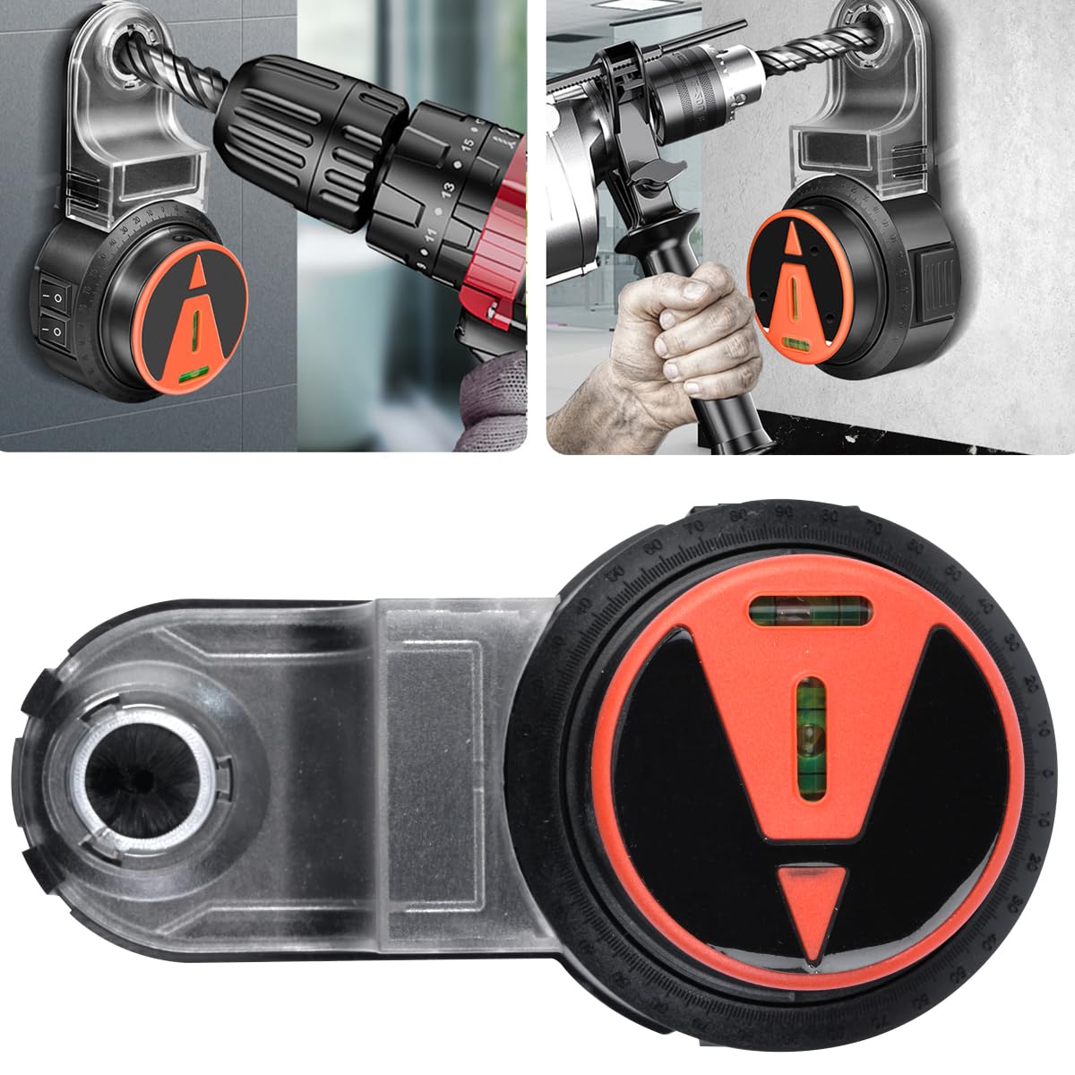 Drill Dust Collector, 2-In-1 Drill Dust Collector Attachment with Level and 500mah Battery 360° Rotating Drill Dust Collector For Construction Hanging Pictures