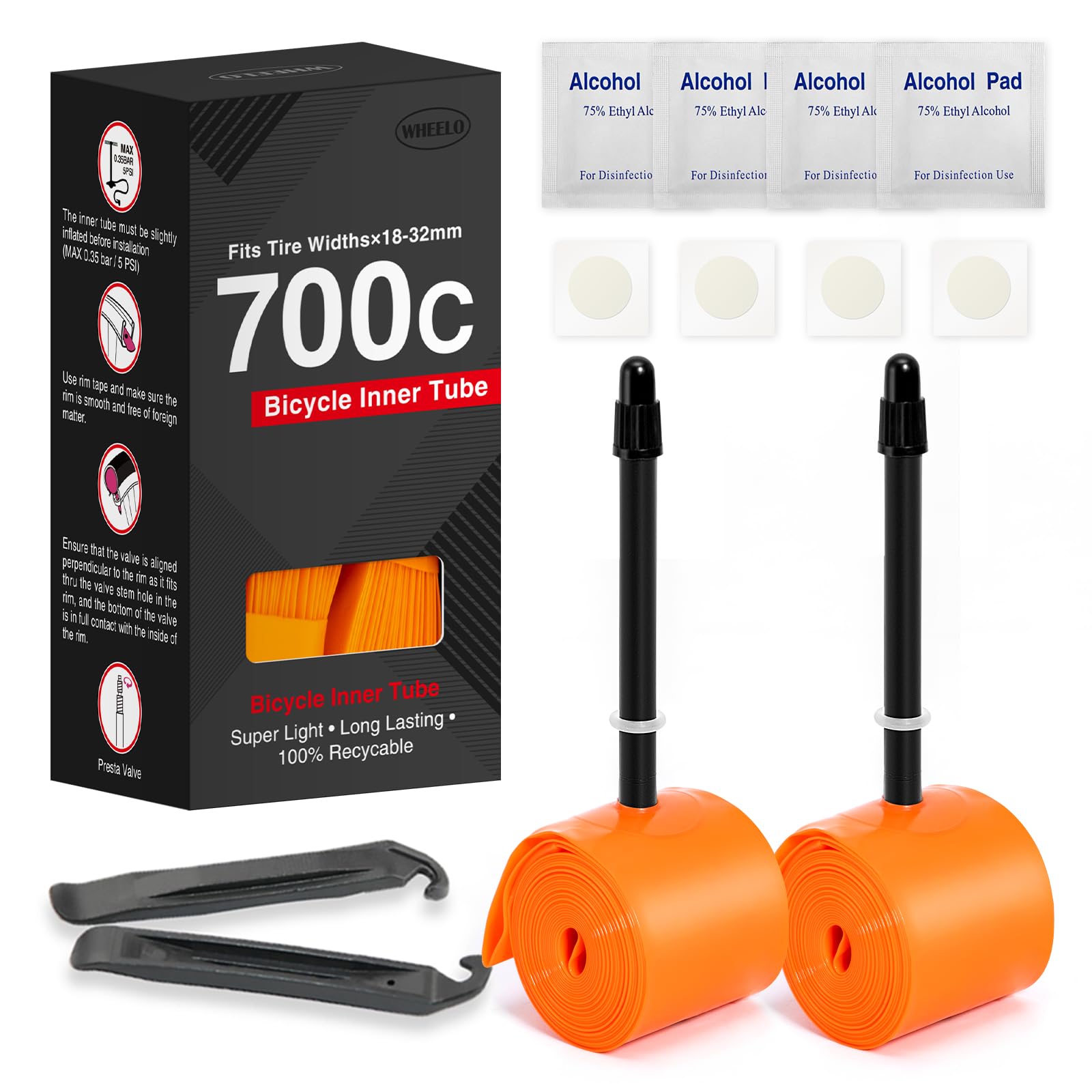 WHEELO TPU 700C×18-32C Bike Inner Tube: Lightweight Road Bicycle Tube with 85mm Presta Valves (Include 4PCS Bike Tube Patch Repair Kit)