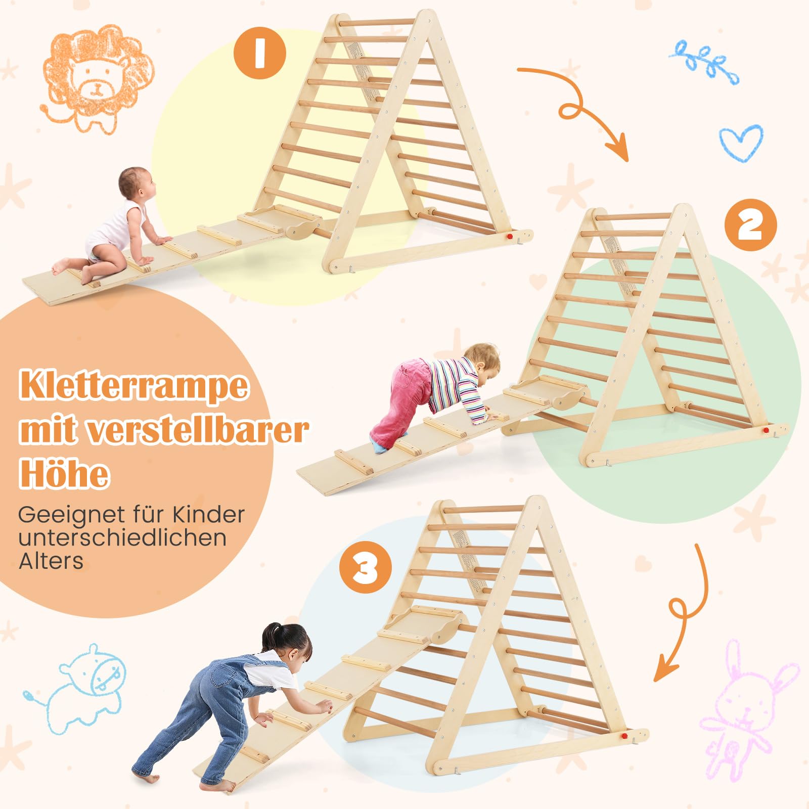 DREAMADE Kletterdreieck mit Rampe, klappbar Kletterspielzeug Holzdreieck aus Massivholz, Indoor Klettergerüst für Kinder ab 3 Jahren (Natur)