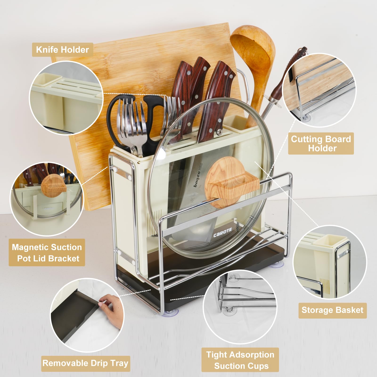 Knife Block and Utensil Holder for Kitchen Counter - Carbon Steel - Multifunctional Kitchen Knife Holder and Utensil Organizer (White)