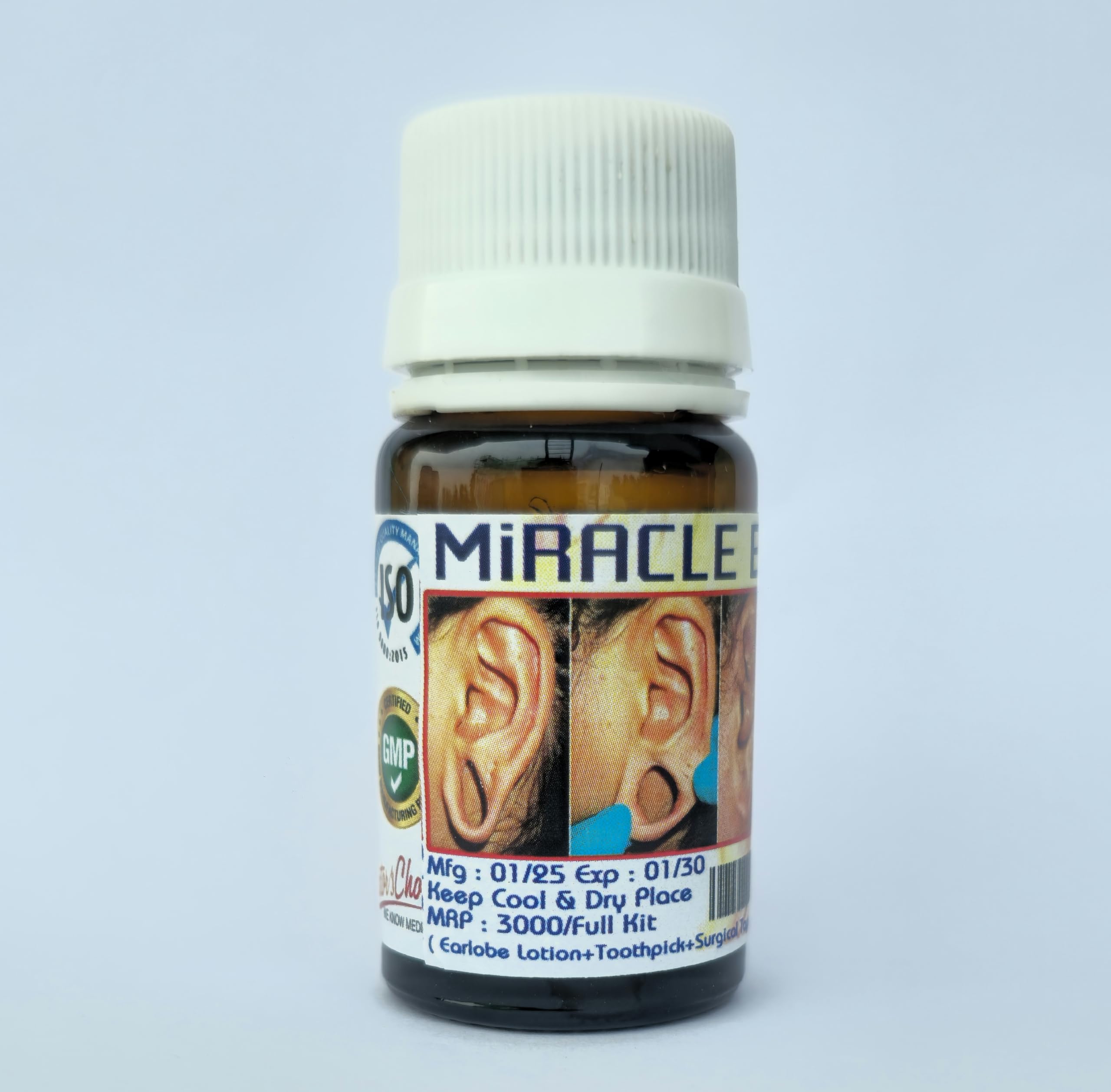 Earlobe Repair Lotion (Pain Less & Stitch Less) Miracle Derma Care Kit, 1 Bottle lotion10ml, 100 Cotton Swabs, Medical Tape, Toothpick