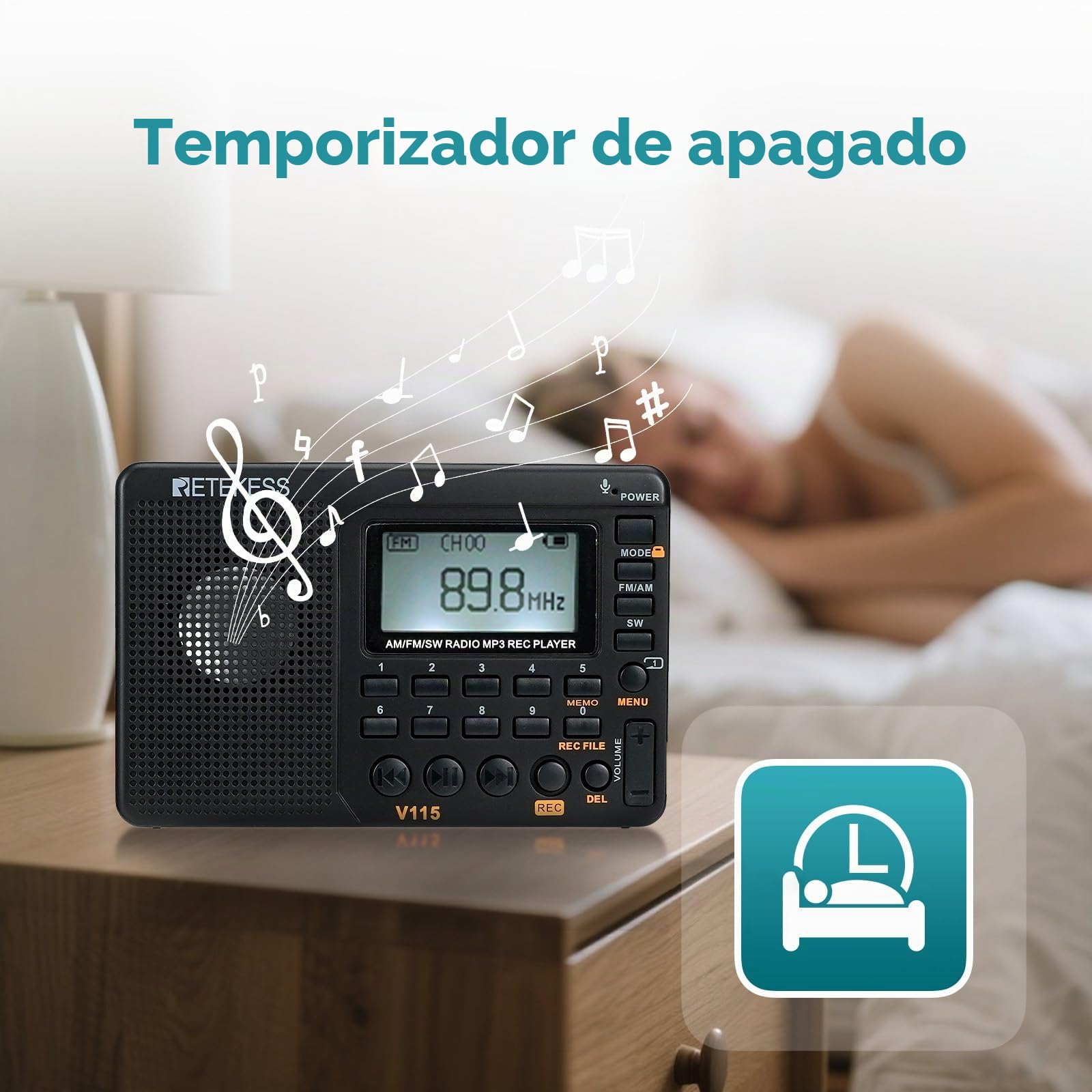 Retekess V115 Radio Portátil Pequeña, Radio a Pilas, Am FM SW, TF/USB, 3 Modos de Grabación, Tiempo de Sueño, Pantalla LCD, Radios Pequeñas Digitales con MP3 Familia, Exterior, Emergencia, Regalo