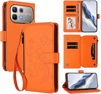 Phone Cover Compatible with Infinix Note 60 5G / Note 60 Pro 5G Lanyard5 Card HolderZipper WalletMagnetic Clasp Flip Stand Case Orange