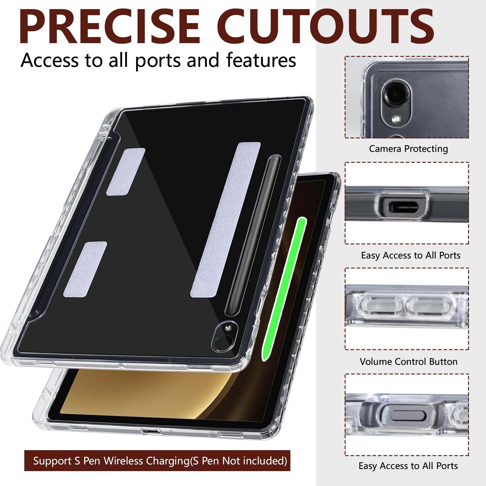 E NET-CASE Funda para Samsung Galaxy Tab S10 Lite / S10 FE / S9 FE 10.9 Pulgadas / S9 11 Pulgadas, Funda Trasera Transparente/Correa de Mano/Correa para el Hombro/Soporte para S-Pen,marrón