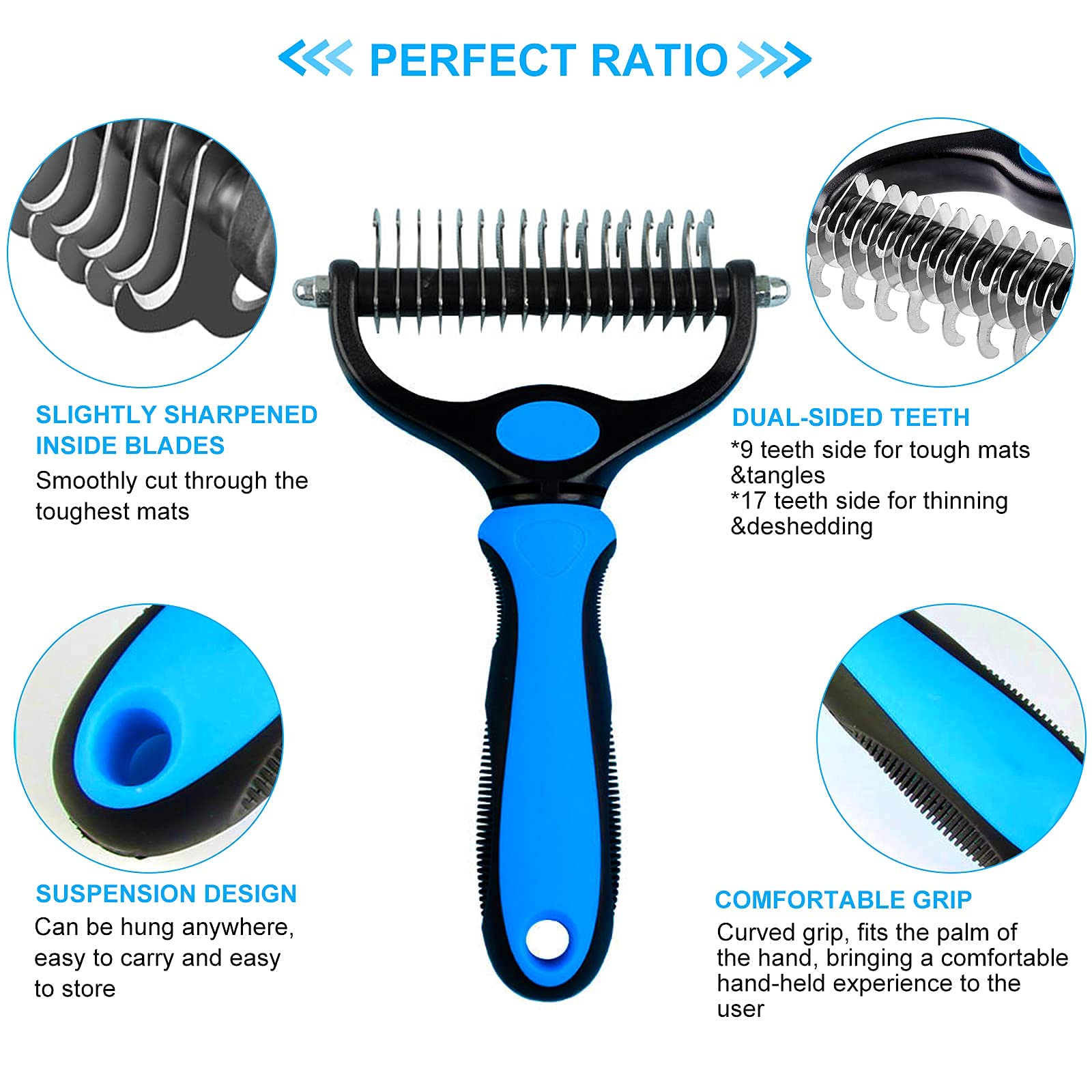 JJW Brosse pour Chiens et Chats, Dédéparage de Sous-Poil pour Poils Moyens à Longs, Râteau pour Animaux de Compagnie, Peigne de Massage