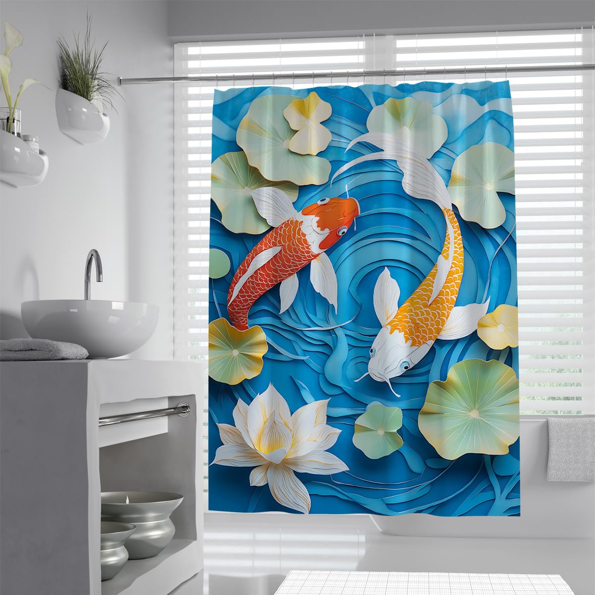 Uiringart Shower Curtains Papercraft Carps Bath Curtain W200xl220cm Blue Swirl Water White Lily Floating Pods Botanical Motif Mold Resistant Quick Dry Washable Bathroom Curtains For Bathtub With Hooks