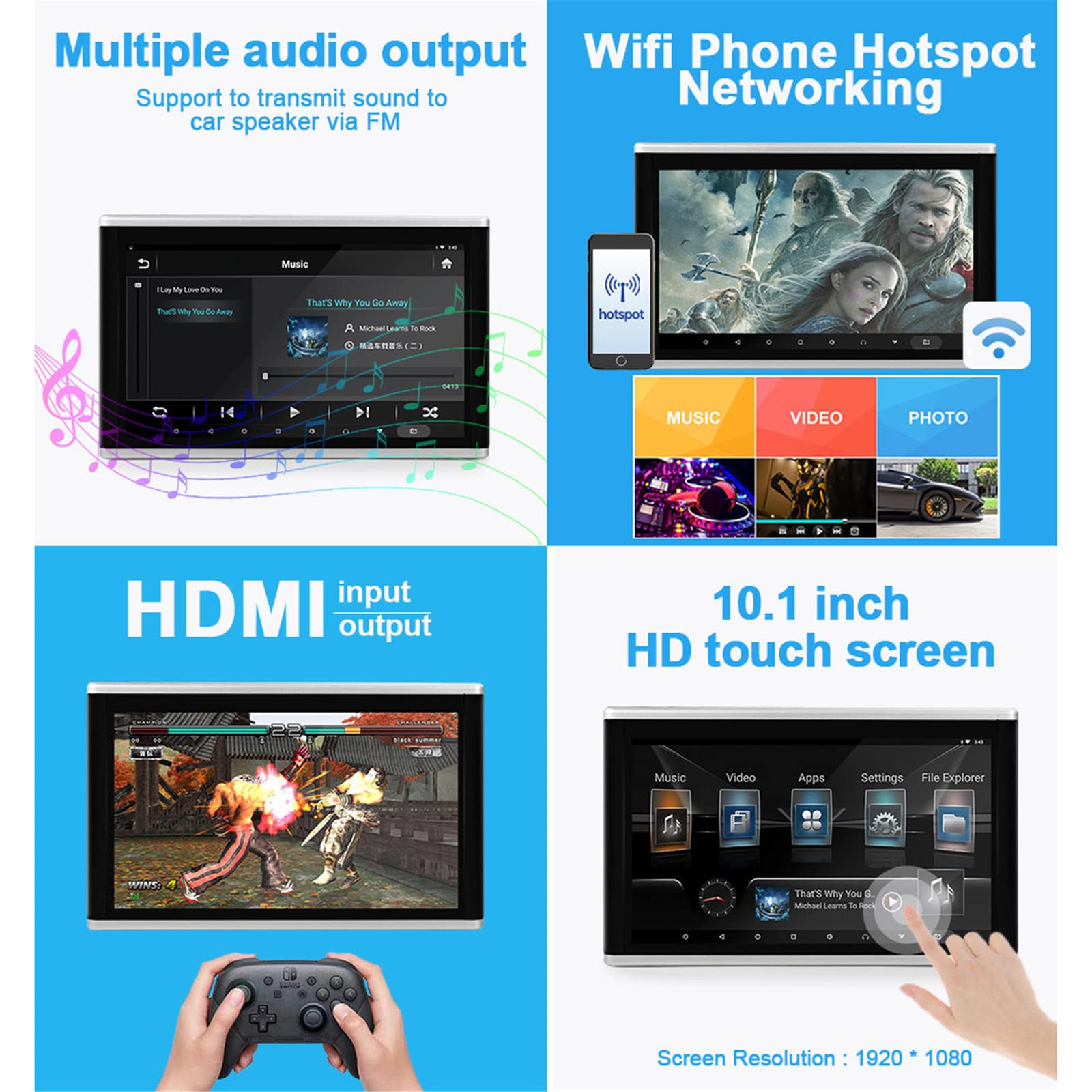 Monitor per poggiatesta TV per Auto con Touch Screen da 10 Pollici, Lettore Video per Tablet, Android 9.0 4K 1080P WiFi Bluetooth USB HDMI Airplay